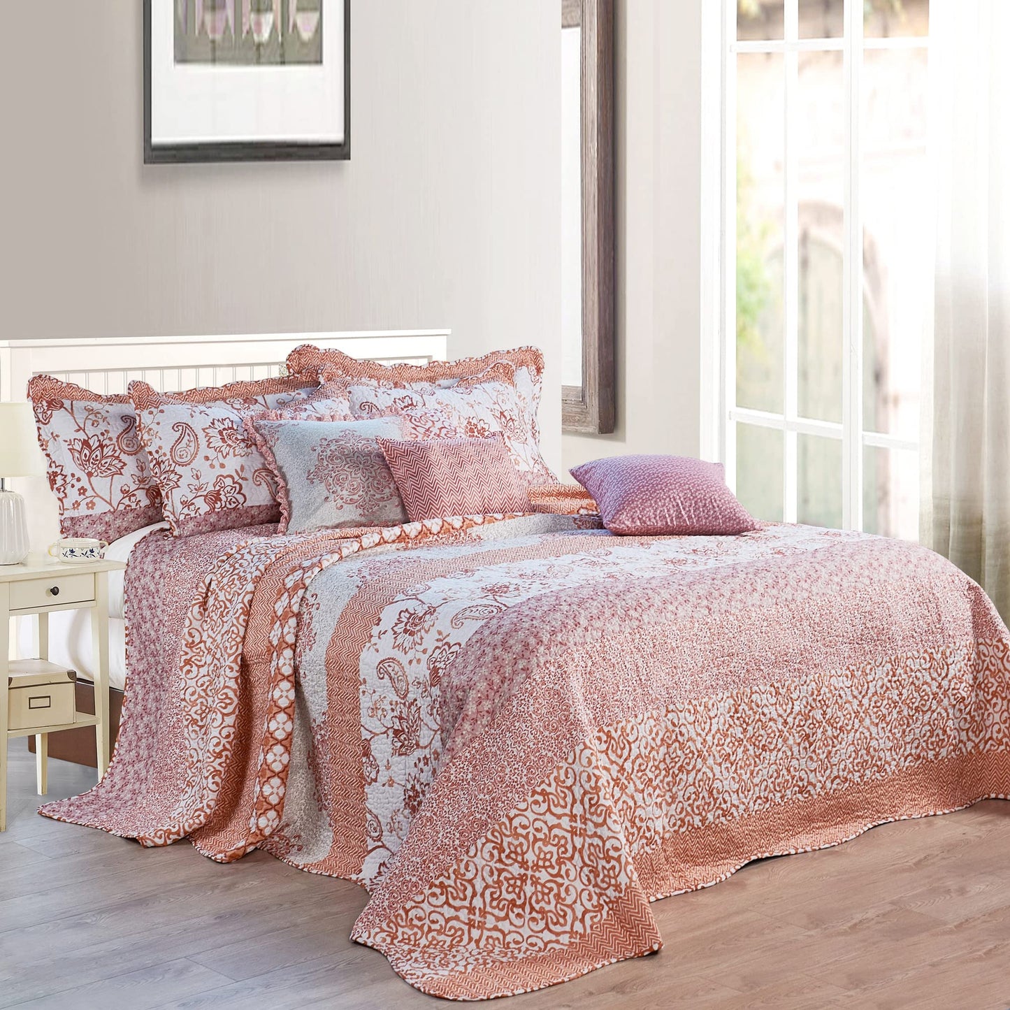 Home Soft Things 9-Piece Oversized King Bedspread Set - 122” x 106” Lightweight Reversible Microfiber Quilt Coverlet Bedding - All Season Farmhouse Chevron & Floral Scroll - Coral Orange/Off-White
