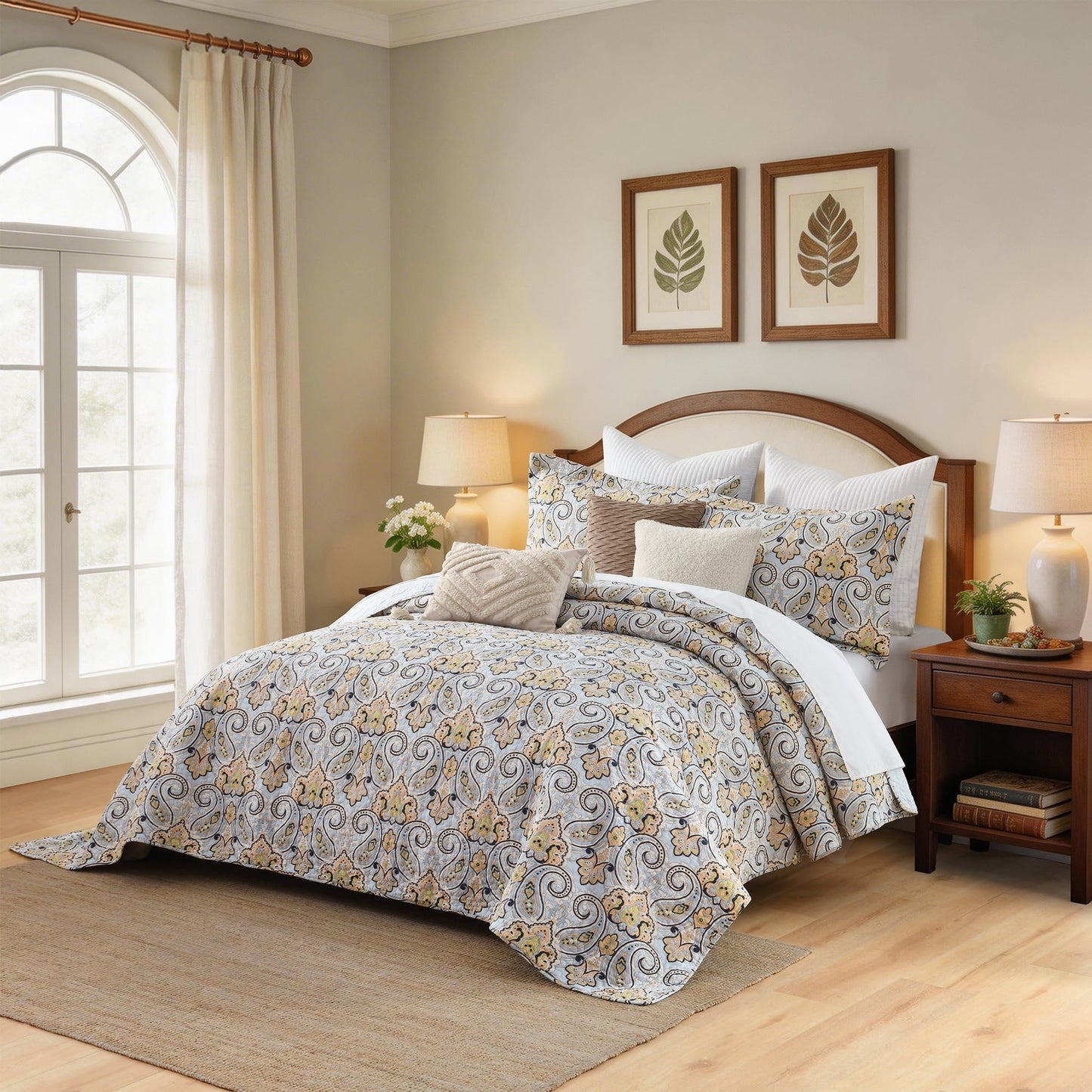 BCOTTOND Paisley King Size Quilt Set - Reversible Paisley Floral Quilts King Size, 100% Cotton Lightweight Bedspread Set, Luxury Quilt Bedding Set for King Bed, Sky Blue & Soft Orange, 106×98