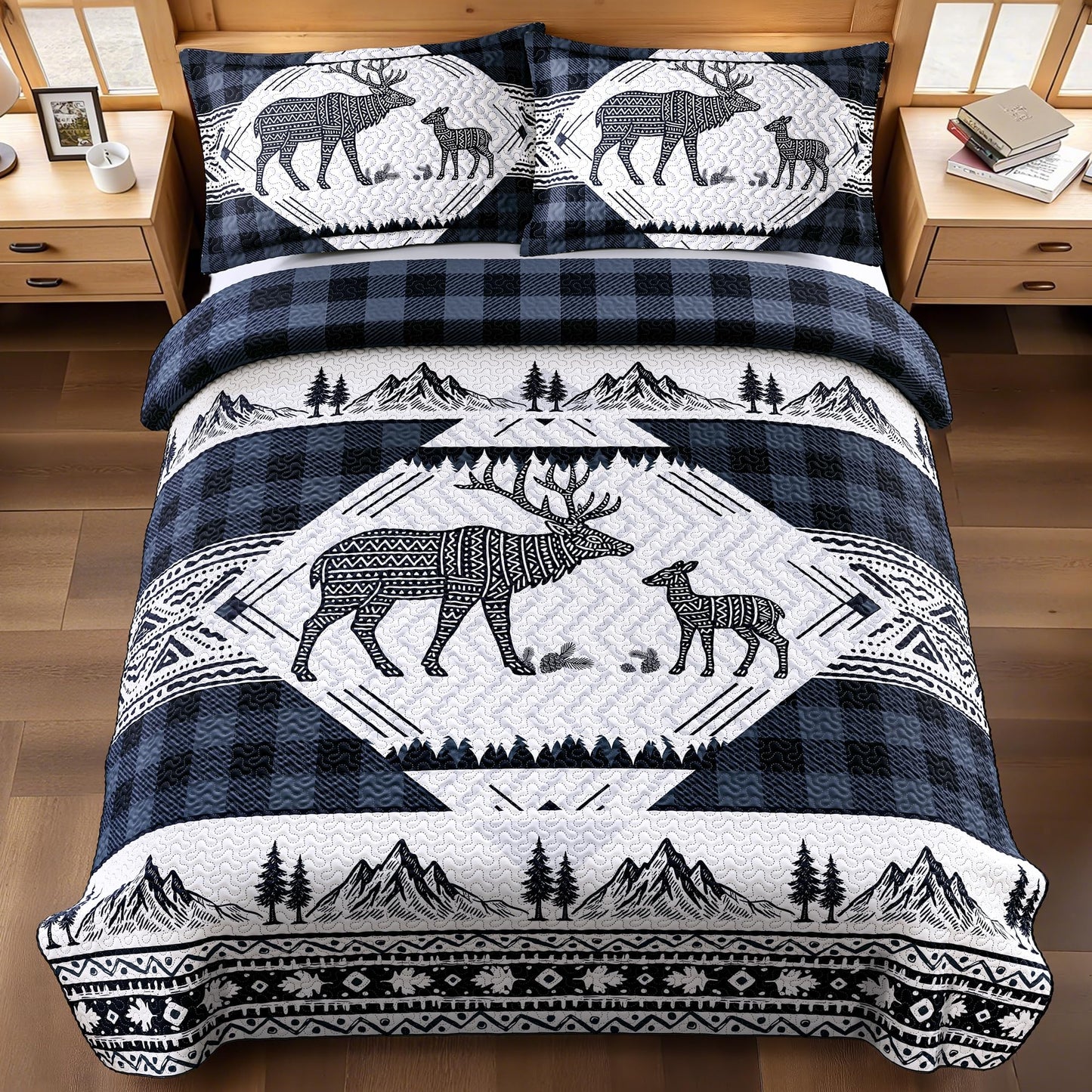 3 Piece Cabin Full/Queen Quilt Sets Farmhouse Rustic Reversible Microfiber Soft Lightweight Bedspread Comforter with 2 Shams Patchwork Country Lodge Bedding Quilts Set for All Season, 90''x96'', Blue