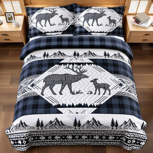 3 Piece Cabin Full/Queen Quilt Sets Farmhouse Rustic Reversible Microfiber Soft Lightweight Bedspread Comforter with 2 Shams Patchwork Country Lodge Bedding Quilts Set for All Season, 90''x96'', Blue