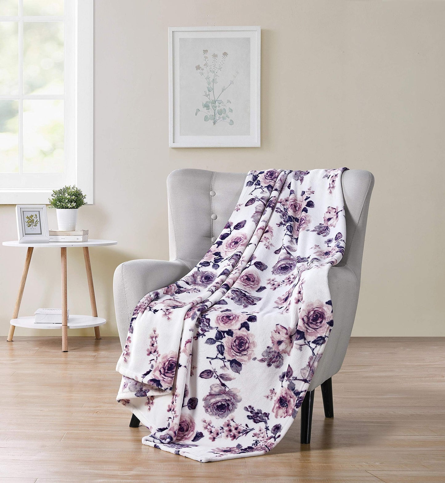 Decorative Floral Fleece Throw Blanket: Velvety Soft Plush Rose Flower Accent for Couch or Bed, Blush Pink Purple Navy Blue Grey on White, Oversized 50" x 70" Inches
