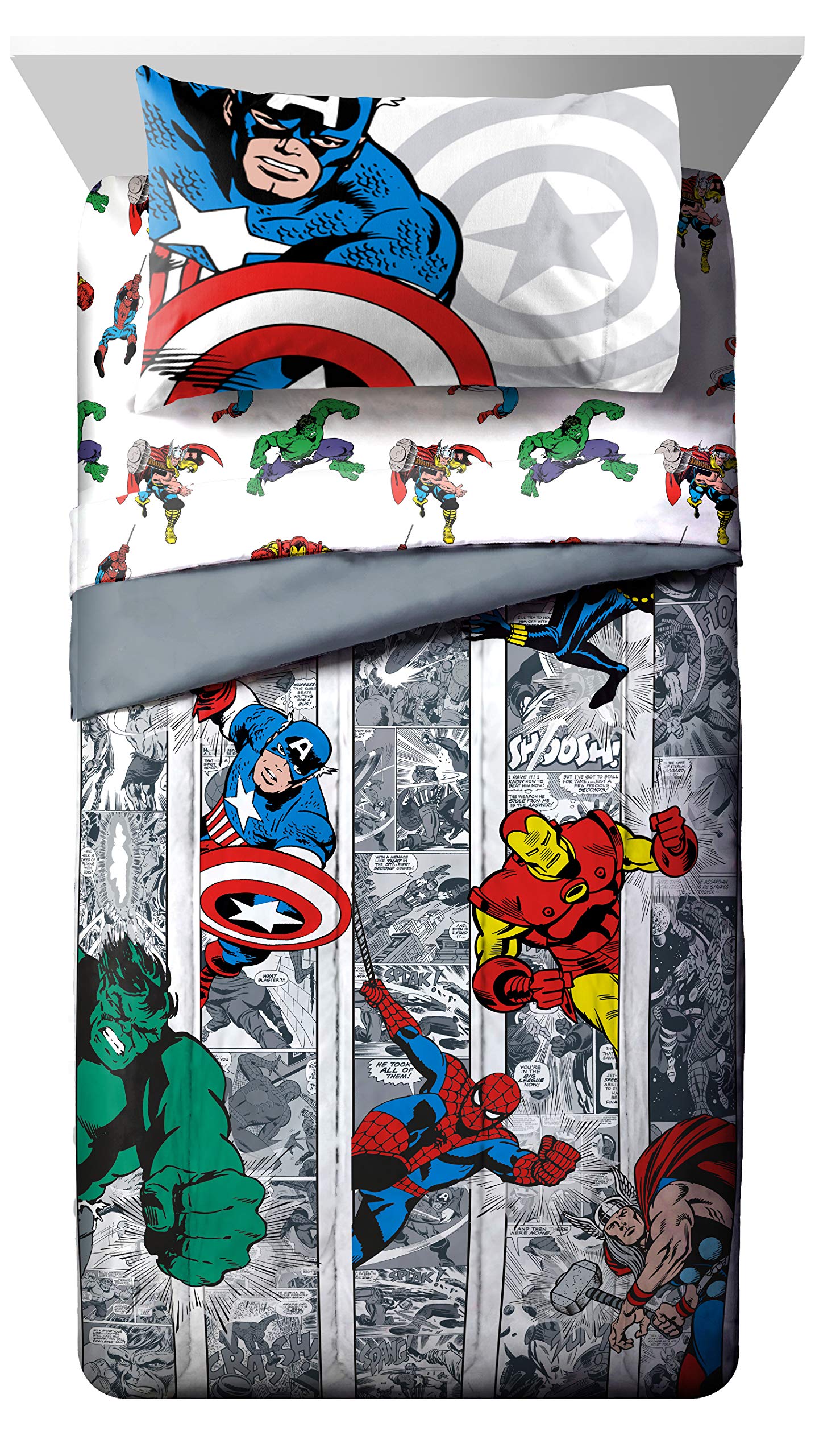 Jay Franco Marvel Avengers Comic Cool 7 Piece Full Bed Set - Includes Comforter & Sheet Set - Bedding Features Captain America, Spiderman, Iron Man, Hulk, & Thor - Super Soft