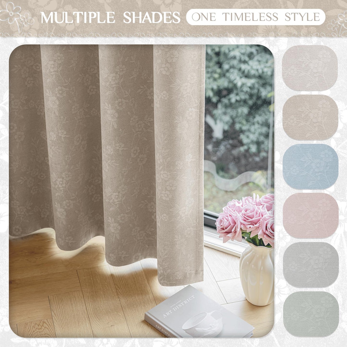Beauoop Beige Floral Jacquard Blackout Curtains 84 Inches Long 2 Panels for Living Room Bedroom Chenille Flower Room Darkening Thermal Insulated Soundproof Grommet Window Drapes, 52x84 Set of 2
