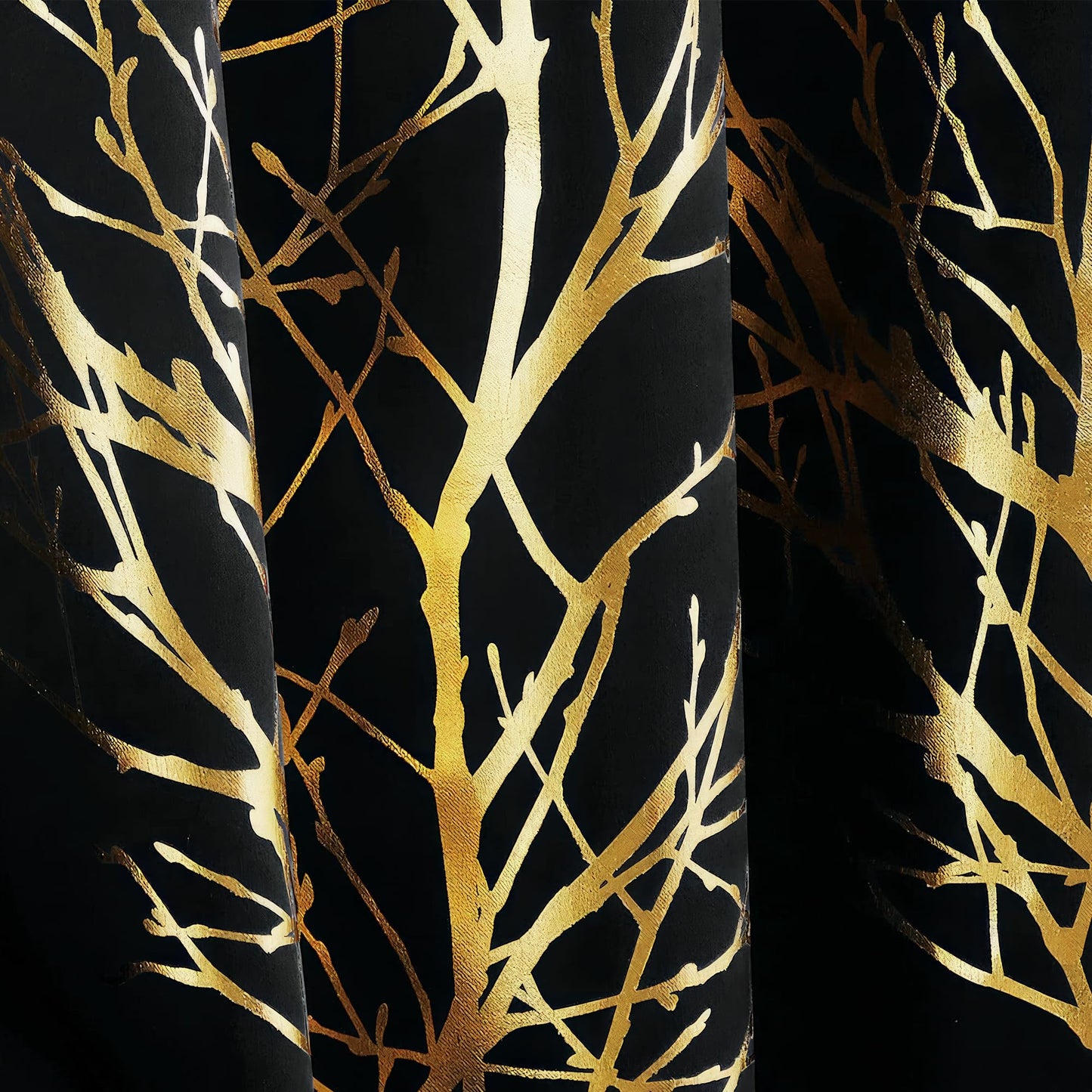 FMFUNCTEX 100% Blackout Curtains for Bedroom, Gold Foil on Black Curtains 84 Inches Long Curtains for Living Room, Metallic Tree Branch Print Drapes, Thermal Insulated Curtain Grommet Top 2 Panels