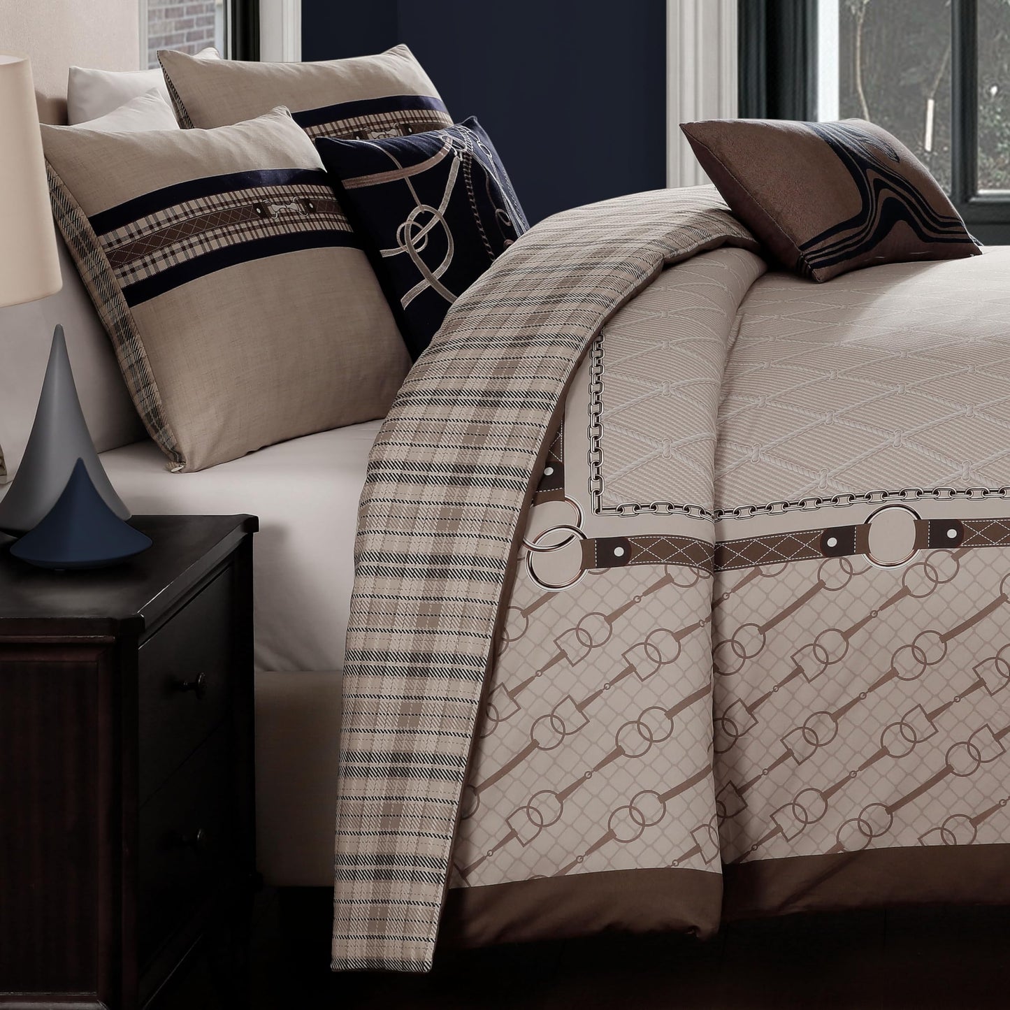 Bebejan Equestrian 5 Piece Comforter Set, 100% Cotton Sateen, 220 Thread Count, Tan Reversible Bedding Comforter Set, 1 Comforter, 2 Shams & 2 Pillows (King/Cal King)