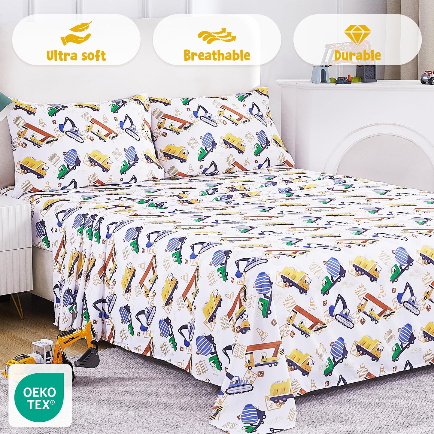 CozySmile Twin Sheet Set Kids,3 Pieces Breathable Soft Microfiber Bedsheets for Boys, Oeko-TEX, Anti Pilling Deep Pockets Easy Care Bed Sheets, Construction car