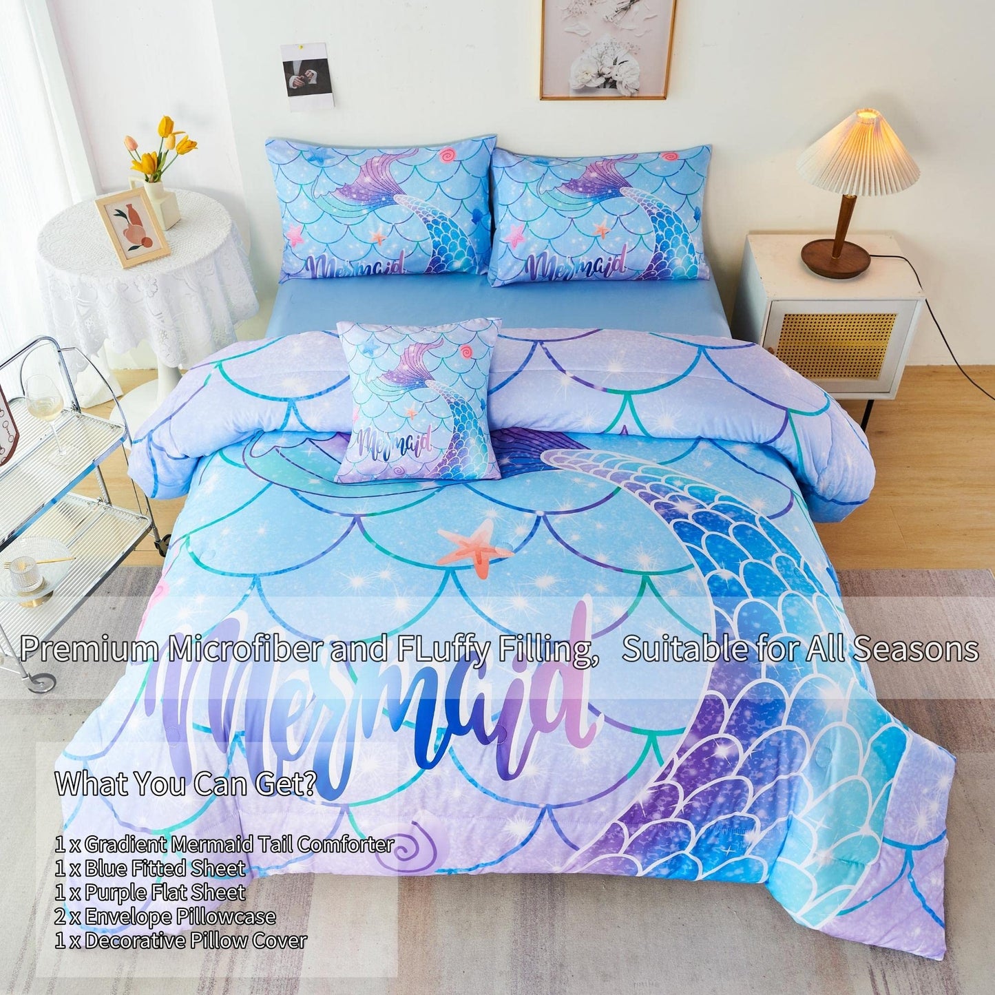 RYNGHIPY 6Pcs Mermaid Tail Comforter Set for Kids Girls, Mermaid Fish Scale Bed in a Bag Twin Size, Sparkle Teal Purple Rainbow Bedroom Decor Bedding Set