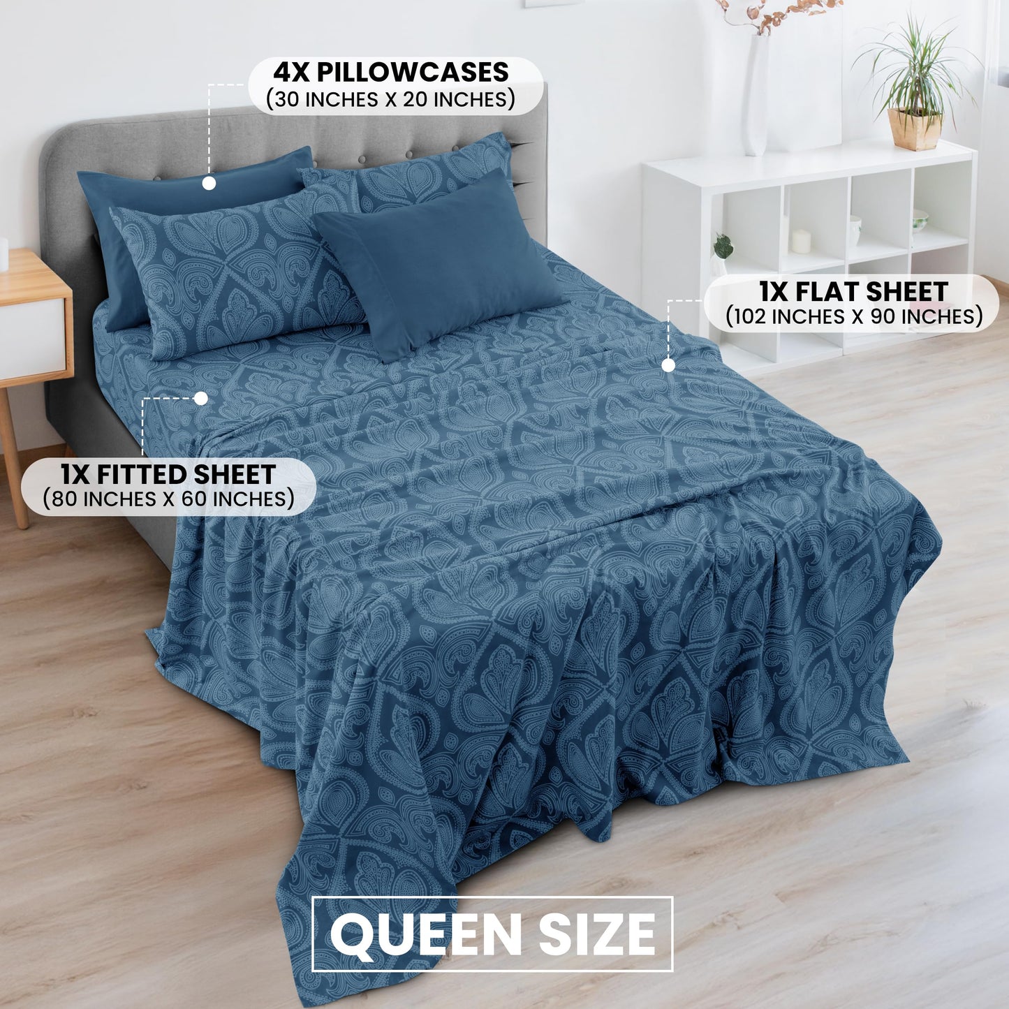 Ultra Soft Wrinkle-Free Microfiber Paisley Queen Sheet Set, Cute Floral Pattern Boho Print – 16" Deep Pocket Fitted Sheet, Flat Sheet & 4 Pillowcases, Breathable, OEKO-TEX - Navy Blue