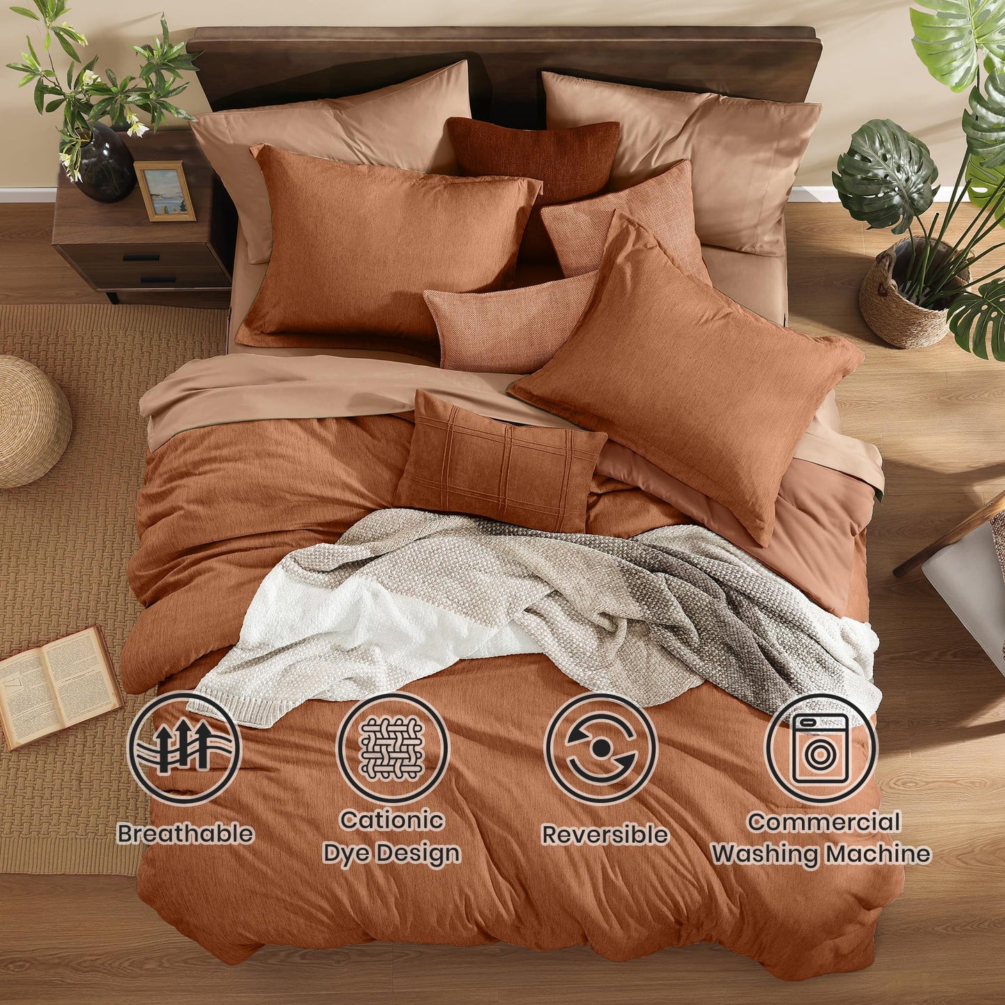 Monbix Queen Comforter Set - 7 Pieces Cationic Dyeing Autumn Leaf Bed in a Bag Queen Bedding Sets with Comforter, Sheets, Pillowcases & Shams, Reversible Bedding Comforters Sets