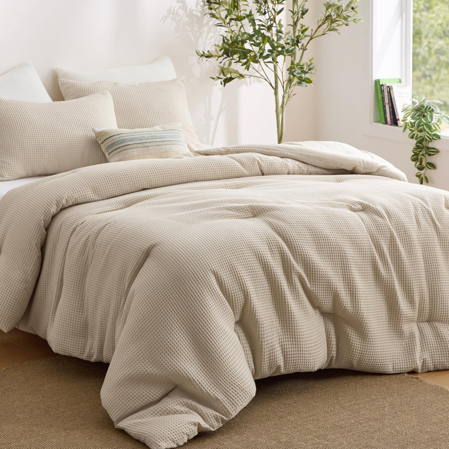 Bedsure Queen Bedding Comforter Set Beige, Waffle Breathable Bedding Set, All Season Comforter with 3 Pieces, 1 Waffle Weave Comforter (90"x90") and 2 Pillowcases (20"x26")