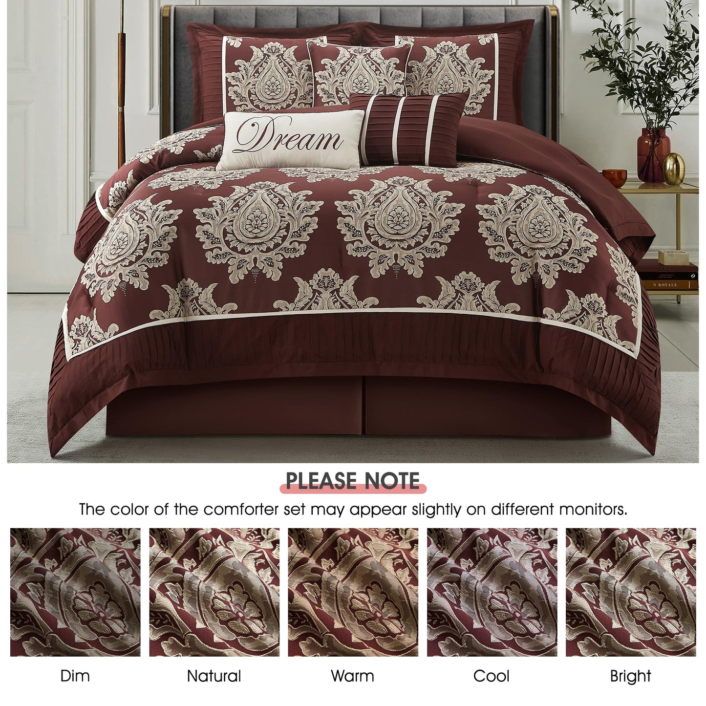 LANCO MODERN LIFESTYLE Burgundy King Size Comforter Set 7 Pieces, Jacquard Woven with Damask, Bedding Set in a Bag Includes Comforter, Bed Skirt, Pillow Shams, and Decorative Pillows