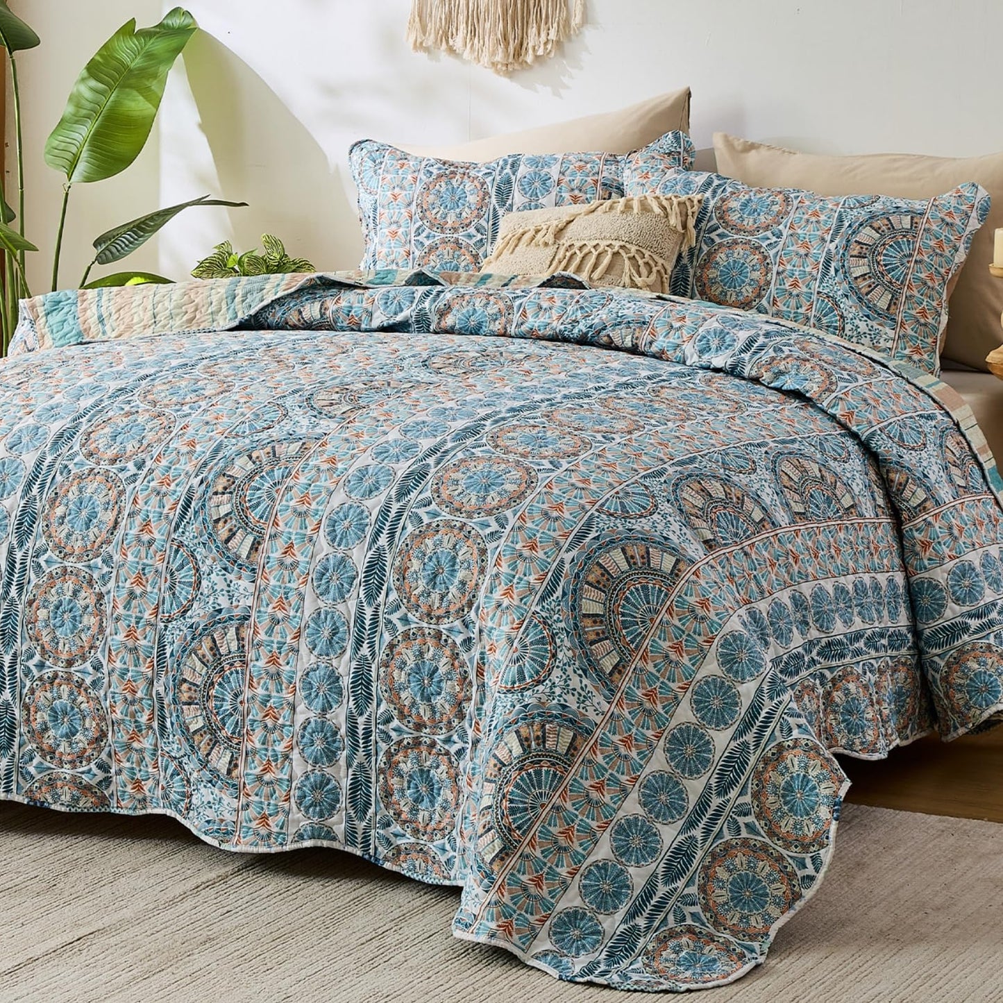 Qucover King Size Quilt Bedding Set, Teal Blue Striped Reversible Boho Quilt Sets, 3pc Lightweight Microfiber Oversized King Bedspread Coverlet for All Season, Bohemian Bedroom Decor