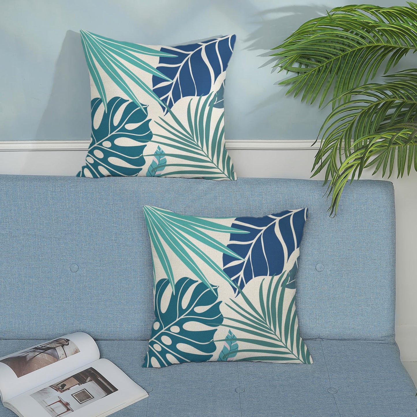 Tropical Pillow Covers 18x18 Set of 2 Navy Blue Aqua Teal Monstera Palm Leaf Pillowcase Summer Decorations Tropical Outdoor Throw Pillows Linen Decor Botanical Plant Cushion Case for Home Bed