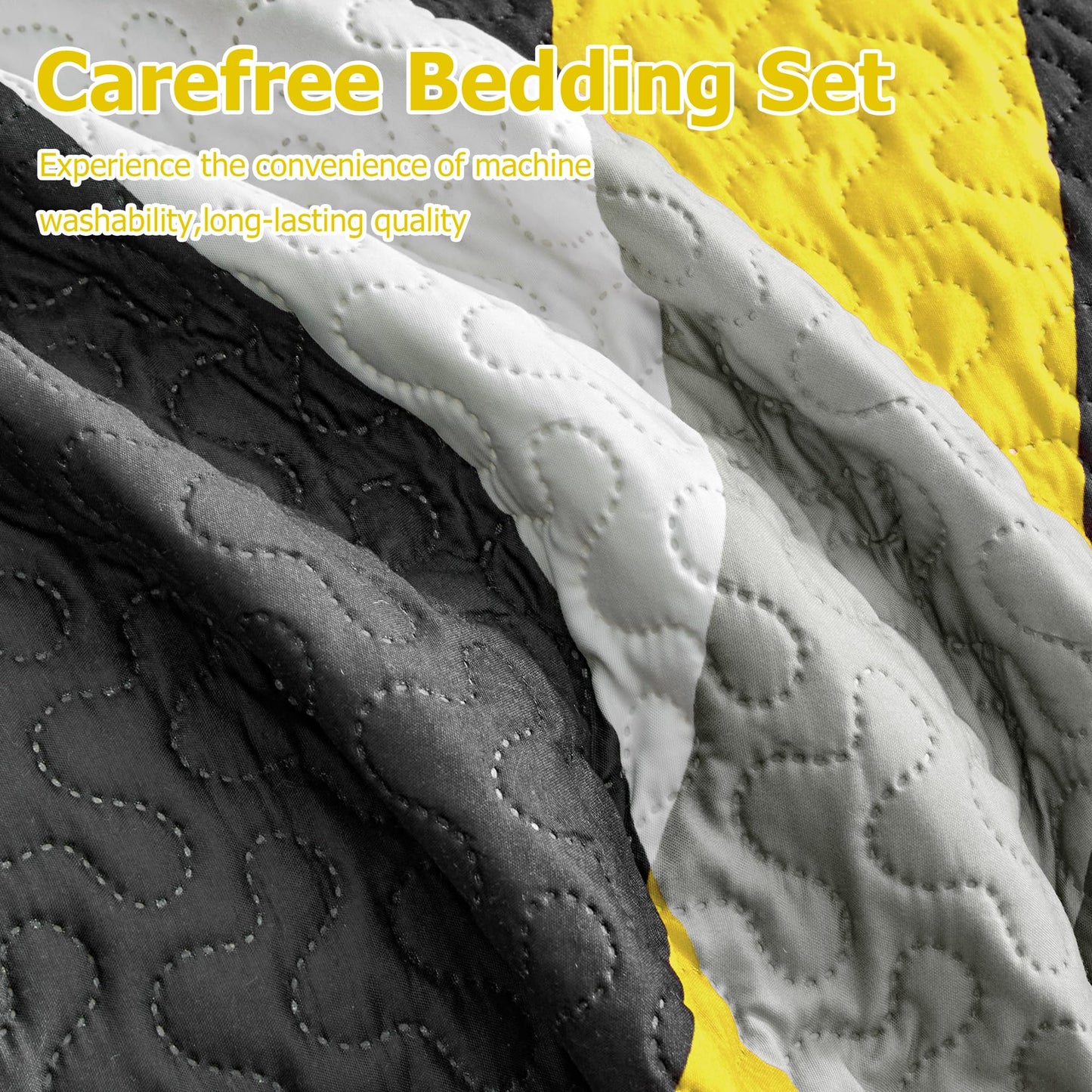 weesire Black and Yellow Bedding Quilt King Size with 2 Shams, Modern Stripe Comforter Sets Classic Line Pattern Bedspreads Grey and Yellow Coverlet, 96''x106''