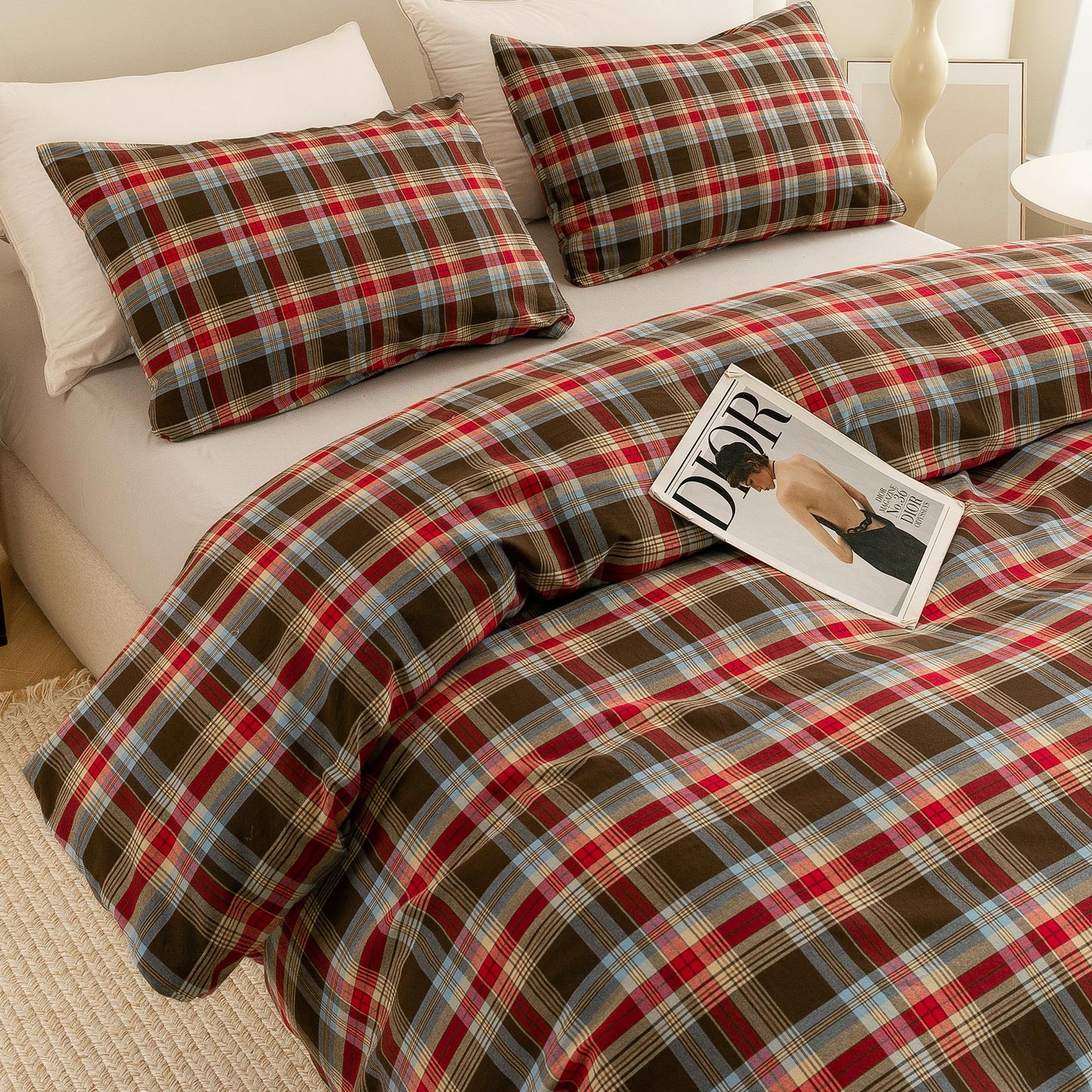ECOCOTT Buffalo Plaid Duvet Cover Queen Size– 3 Piece Washed Cotton Bedding Set with Classic Checkered Pattern, Red & Brown Duvet Cover with Pillowcases for All Seasons