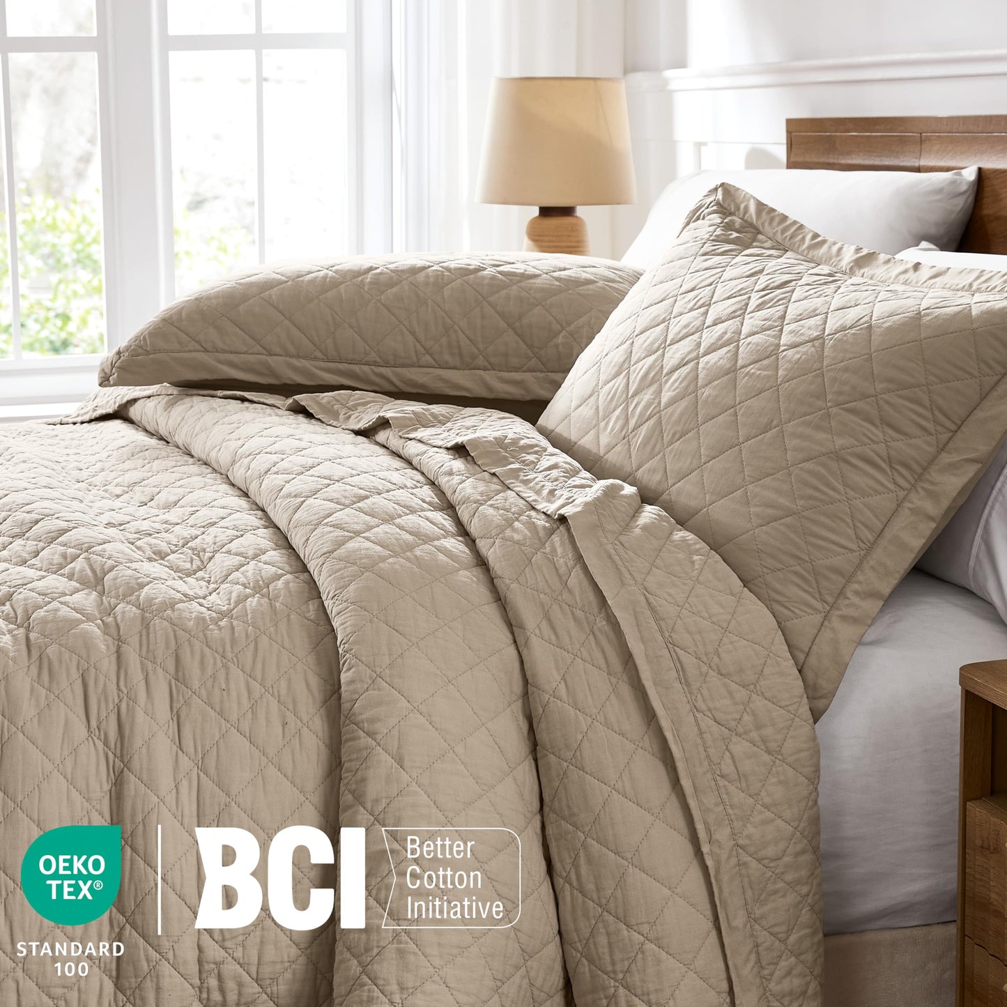 WDCOZY 100% Cotton Quilt Oversized King Size Bedspread, Pre-Washed 3-Piece Lightweight Soft Coverlet Set with 2 Pillow Shams, Farmhouse Design All Season Bedding Set, Beige