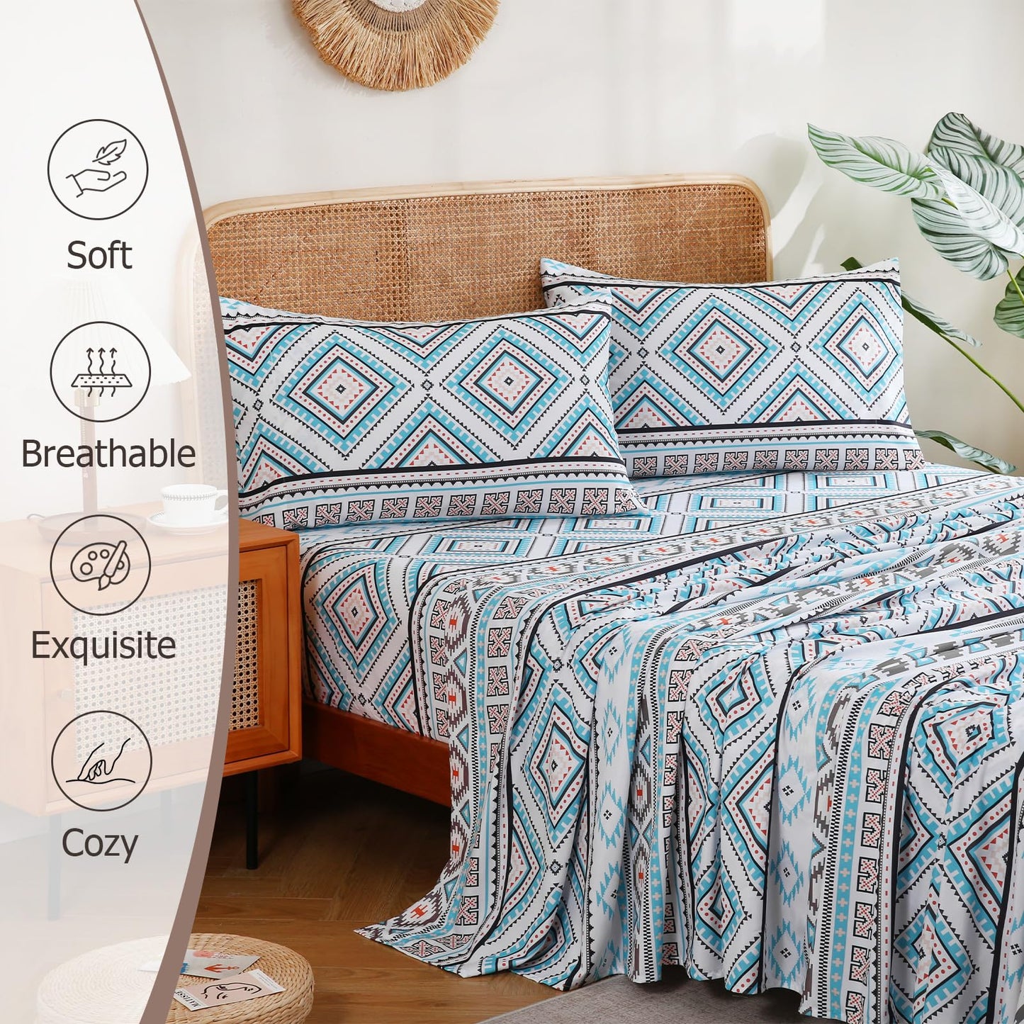 CozySmile 4 Pieces King Sheet Set Bohemian, Boho Sheets Soft Microfiber Deep Pocket, Western Sheets Geometric(King, Turquoise Geometric)