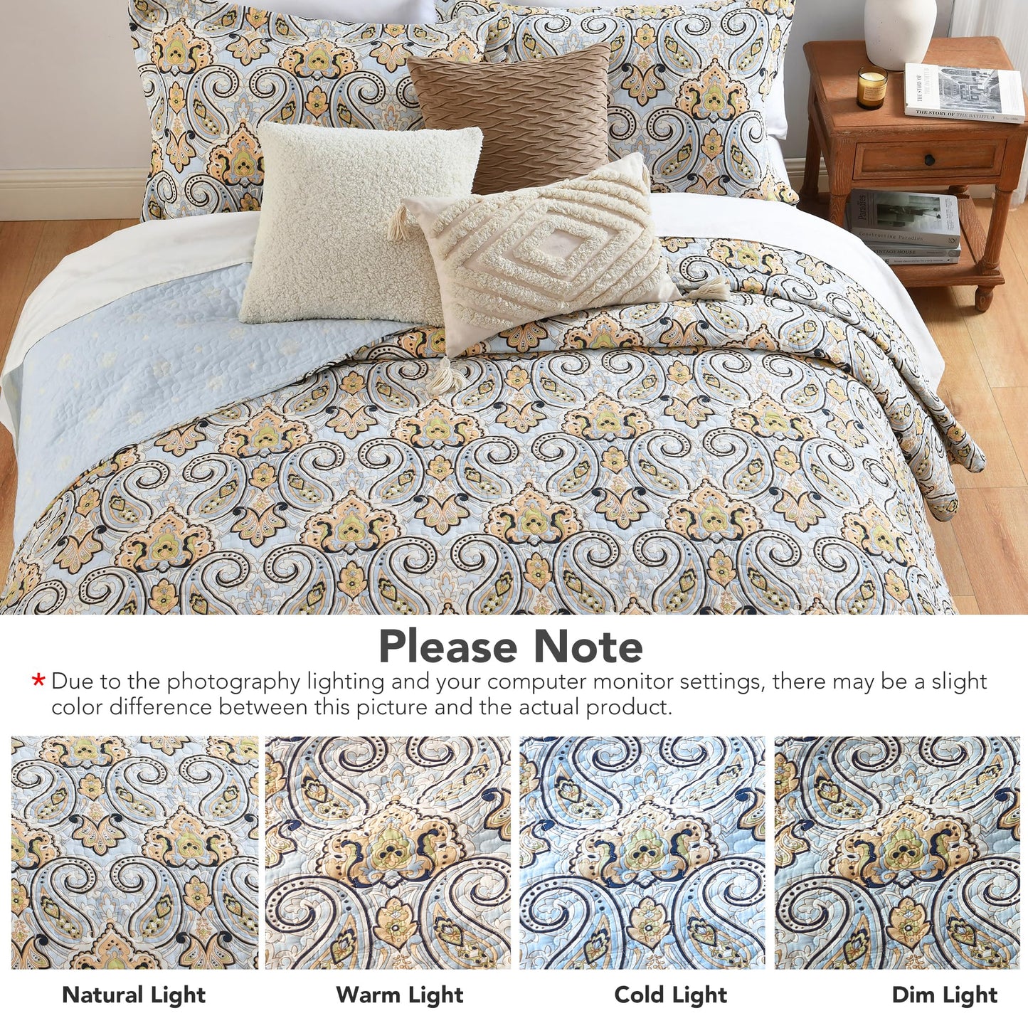 BCOTTOND Paisley King Size Quilt Set - Reversible Paisley Floral Quilts King Size, 100% Cotton Lightweight Bedspread Set, Luxury Quilt Bedding Set for King Bed, Sky Blue & Soft Orange, 106×98