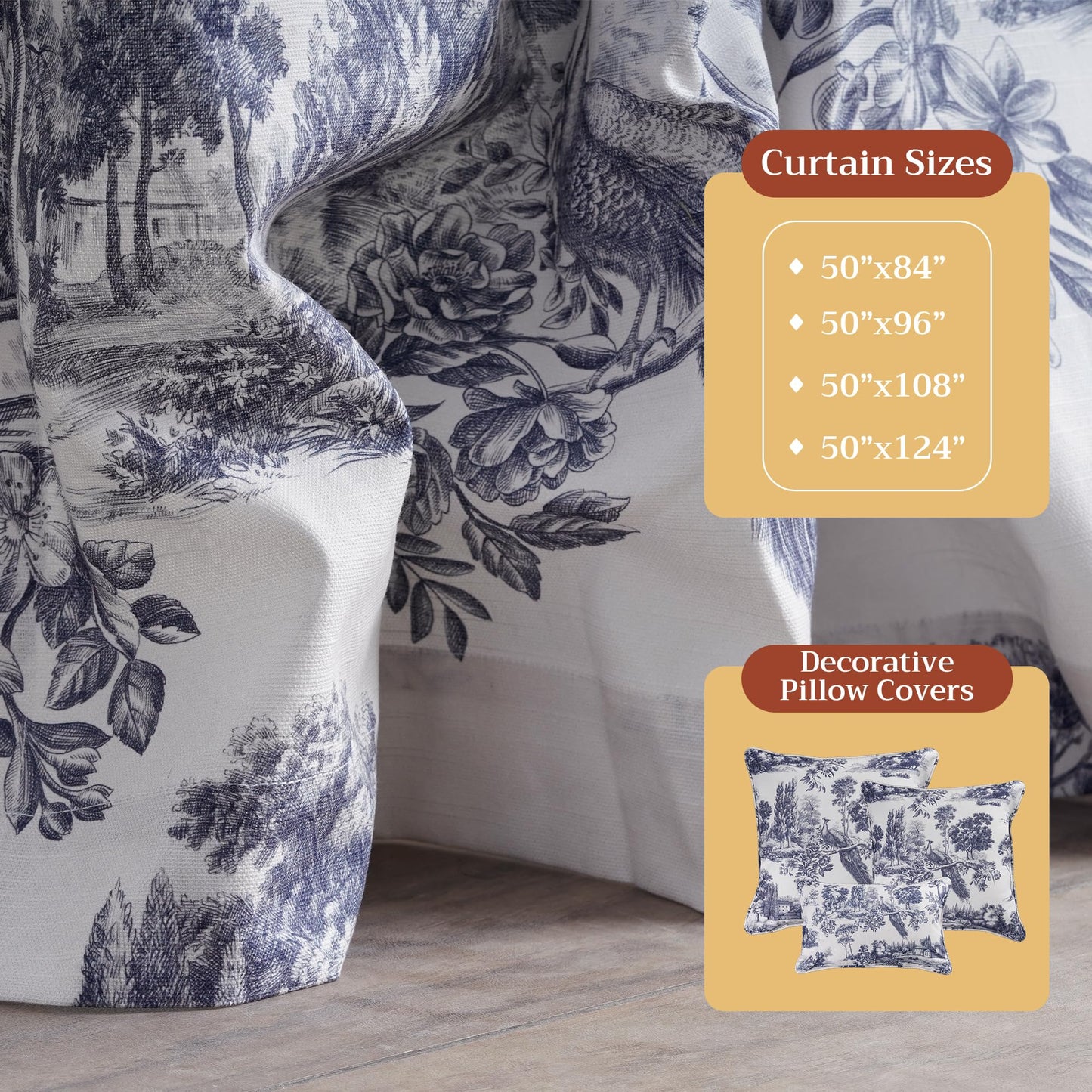 Maison d' Hermine Curtains for Living Room 100% Cotton 96 inch Length One Panel Light Filtering Toile Curtains for Bedroom Windows with Rod and Loop Pockets Drapes (Trianon Blue, 50" W x 96" L)