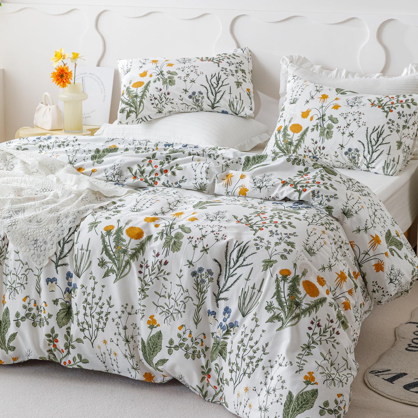 SUSYBAO Green Yellow Botanical Duvet Cover Queen 100% Cotton 3 Pcs Set 1 Garden White Dandelion Flower Duvet Cover with Zipper Ties 2 Pillowcases Sage Blue Floral Bedding Set Soft