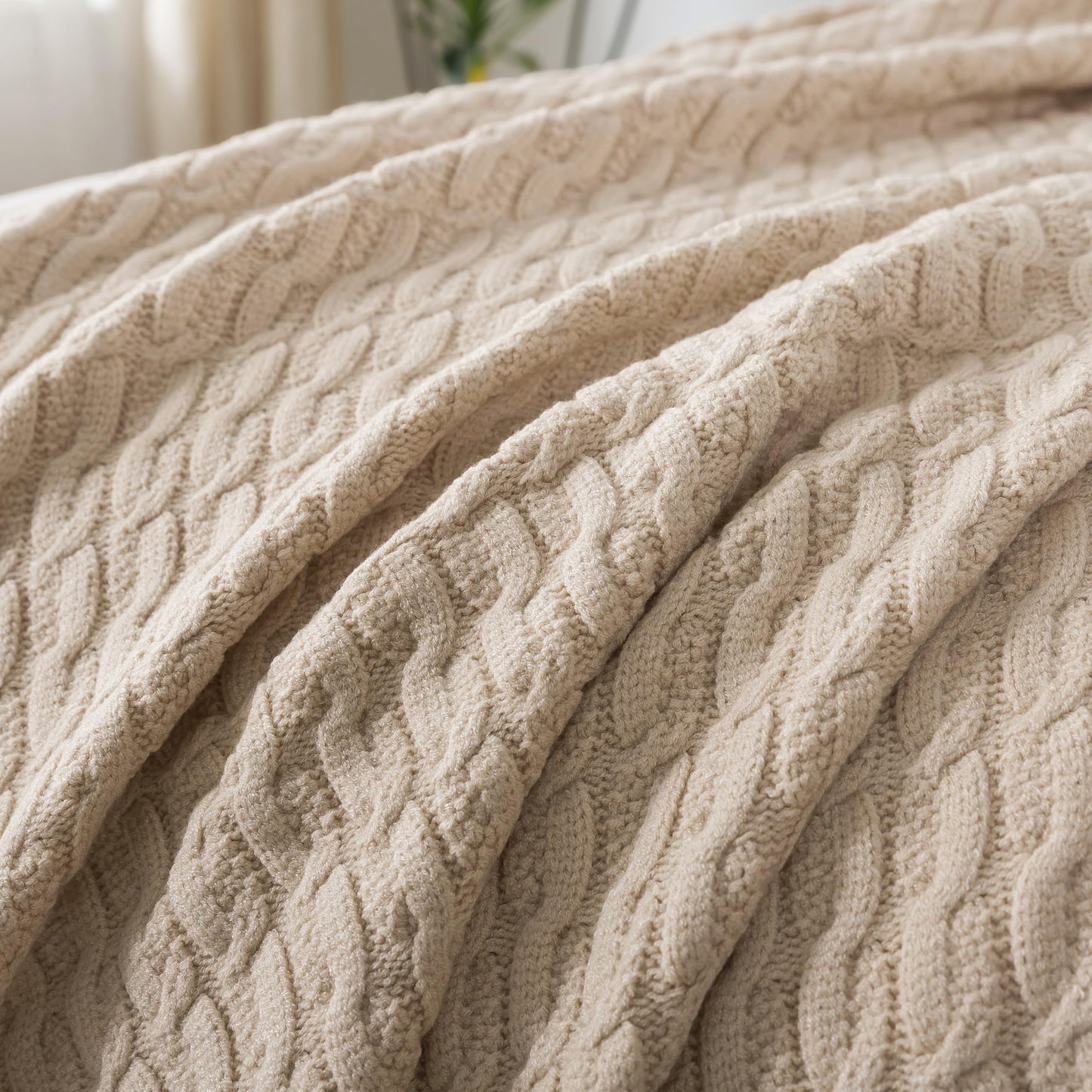 WDCOZY Cable Knit Throw Blanket – Super Soft, Warm & Lightweight Knitted Jacquard Throw Blanket for Couch, Sofa, Bed, Chair, Cozy Texture Farmhouse Decorative Home Blanket, Beige 50x60 inches