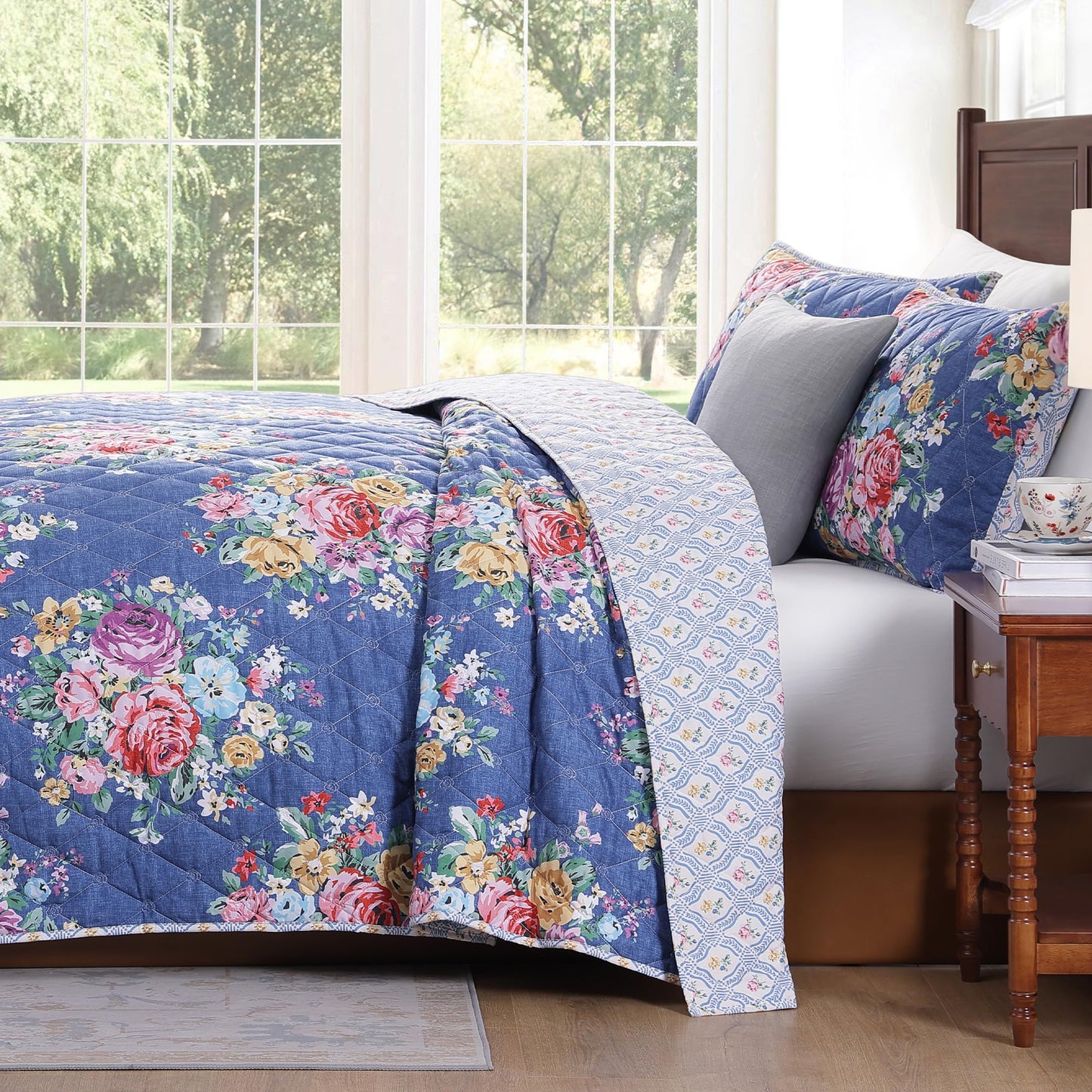 WRENSONGE Floral Quilt Set Queen Size, 3 Piece Reversible Lightweight Soft Bedspread Coverlet, Garden Farmhouse Botanical Diamond Stitched Bedding Set with 2 Pillow Shams for All Seasons