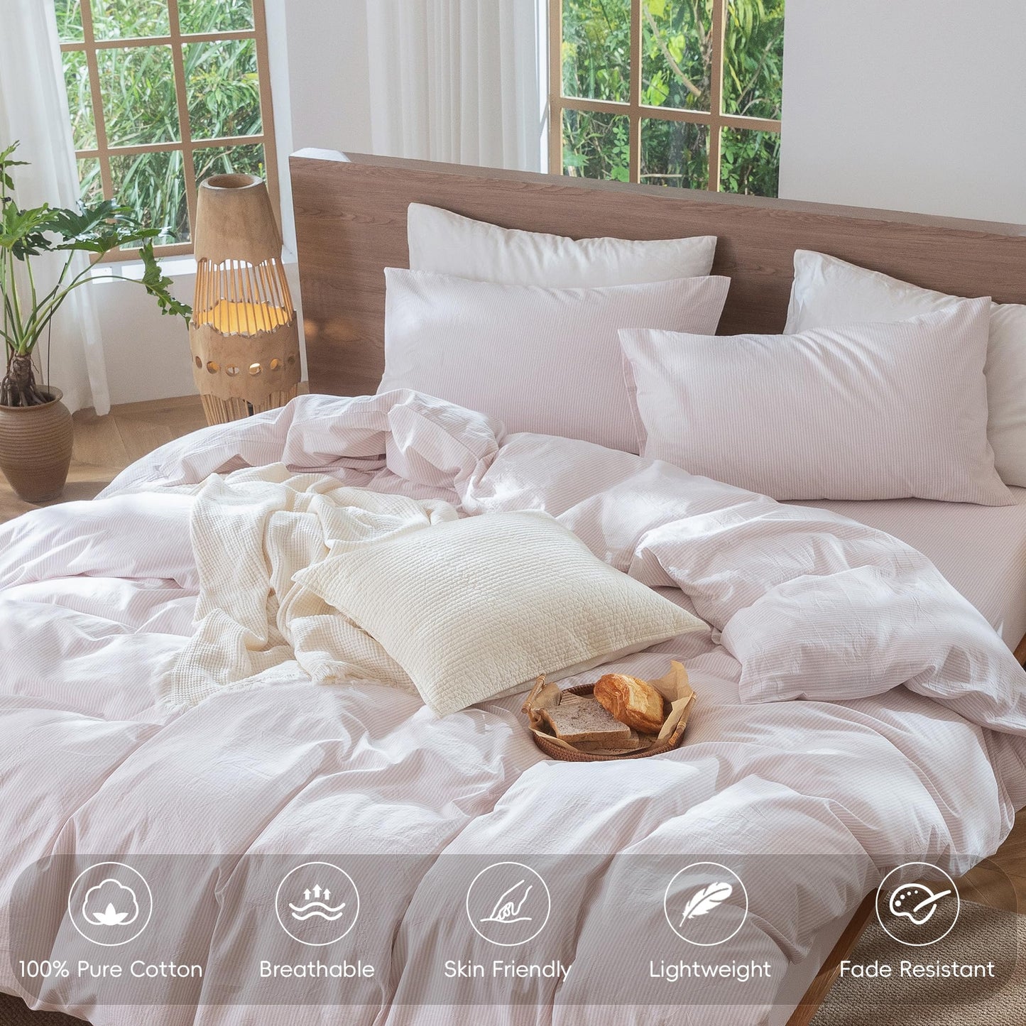 MooMee Striped Duvet Cover Set 100% Washed Cotton Linen Like Textured Breathable Durable Soft Comfy (Heathered Greyish Pink Pinstripes, Queen 90"x90")