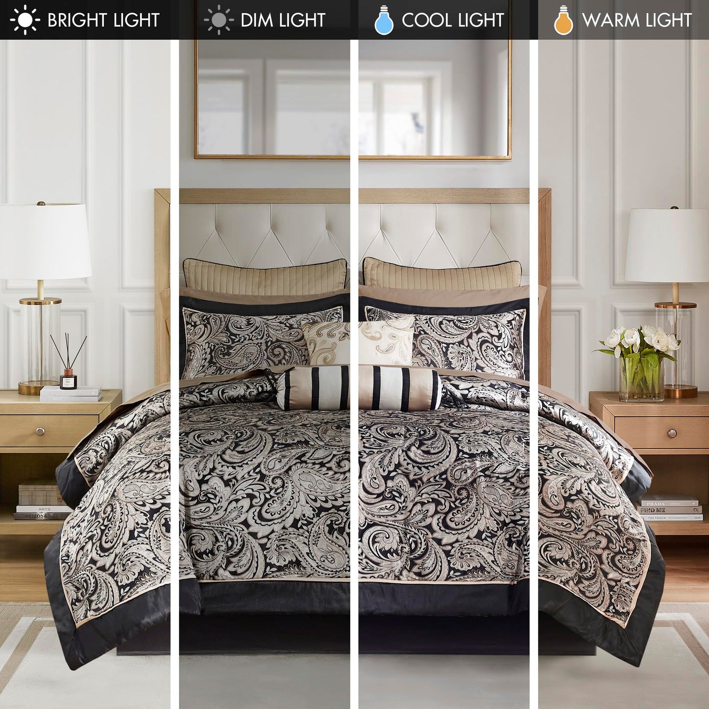Madison Park Aubrey Cozy Comforter Set, Faux Silk Jacquard Paisley Design - All Season Down Alternative Bedding with Cotton Bed Sheets, Bed Skirt & Toss Pillows, Queen Black 12 Piece