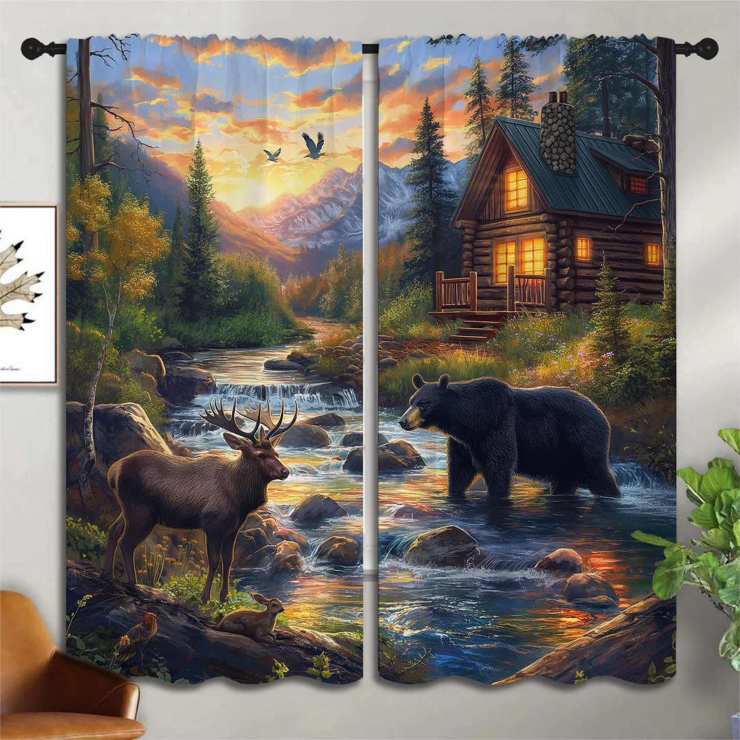 PYMATYTN Wild Animal Blackout Curtains for Boys Girl Bedroom Decor,Black Bear Deer Nature Forest Cabin Thermal Insulated Rod Pocket Drapes Darkening Window Curtain for Living Room Home 55x63 inch