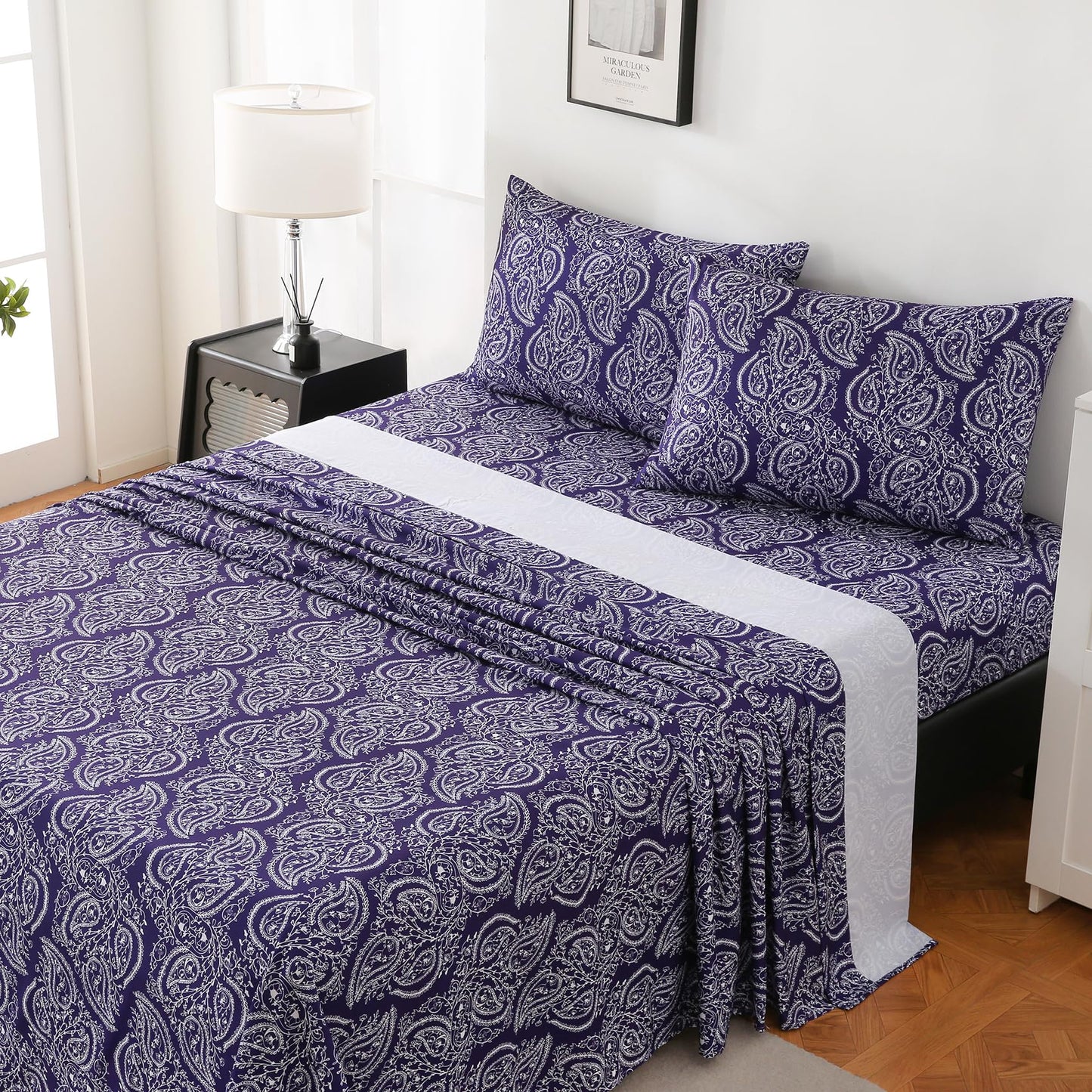 Yibeizi Queen Sheet Set Deep Pocket Queen Size Purple Paisley Bed Sheets Set, Floral Printed Soft Microfiber Oeko-Tex Sheets & Pillowcases Hypoallergenic Wrinkle Free Bedsheets