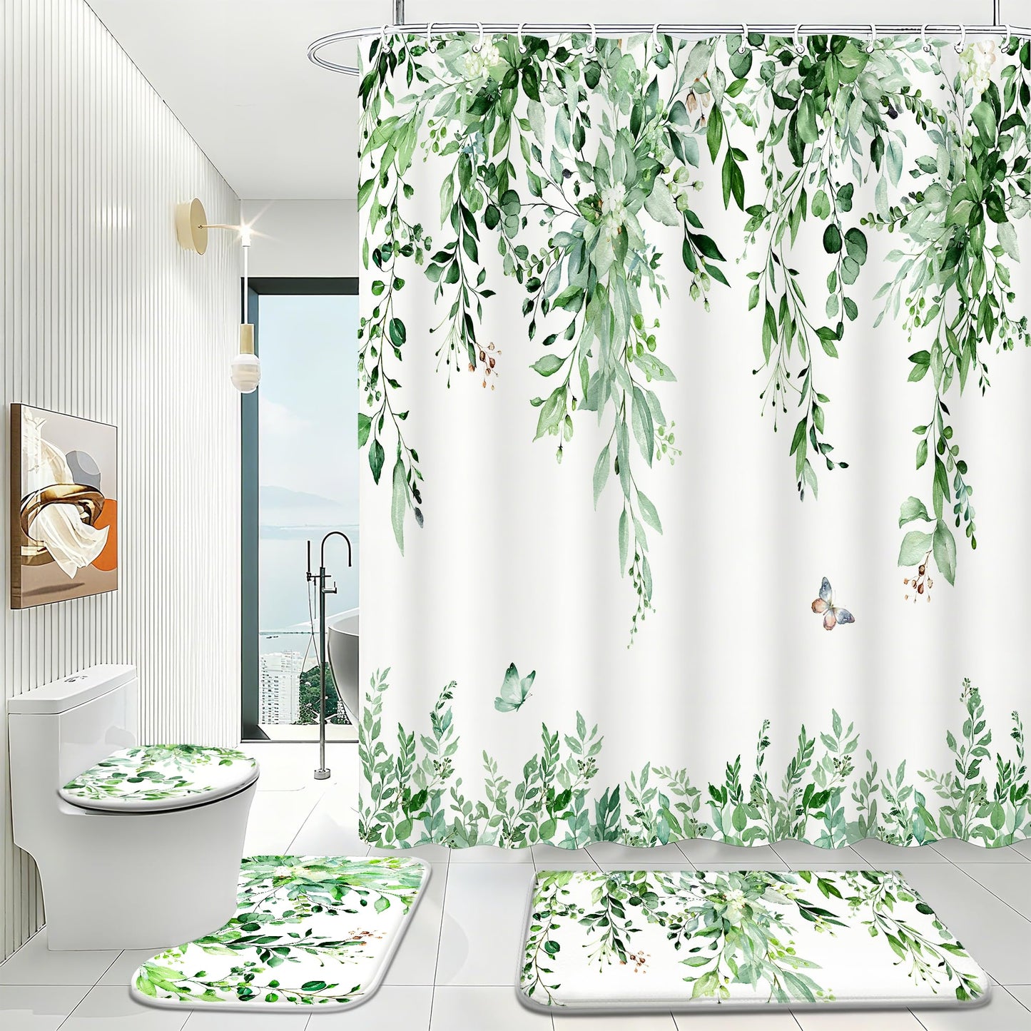 CedarShin 16 Pcs Sage Green Eucalyptus Shower Curtain Set with Rugs, Botanical Leaf Bath Curtains and Quick Absorbent Foam Mats, 120GSM Heavy-Weight Fabric Curtain with 12 Metal Hooks, 72x72 Inch