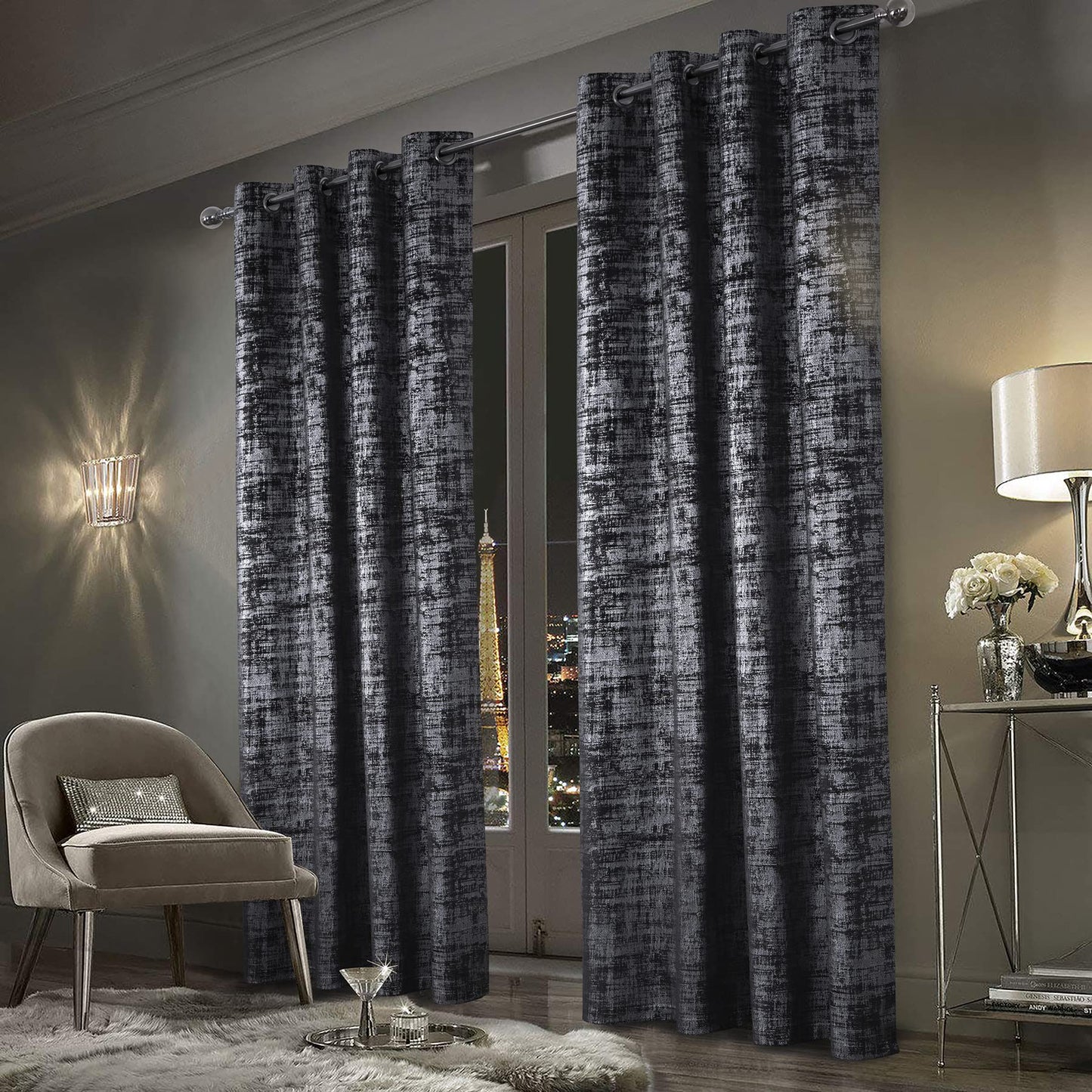 always4u Soft Velvet Curtains 95 Inch Length Luxury Bedroom Curtains Silver Foil Print Window Treatments for Living Room Set of 2 Charcoal Grey