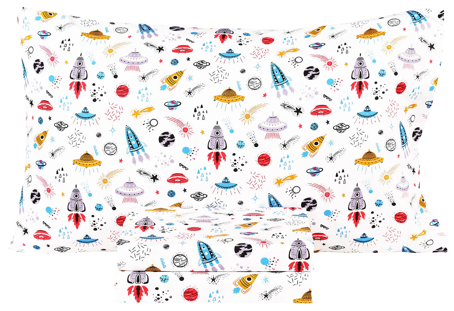 Scientific Sleep Planet Spaceship Rocket in Universe Cotton Cozy Twin Bed Sheet Set, Flat Sheet & Fitted Sheet & Pillowcase Natural Bedding Set (Space, Twin)