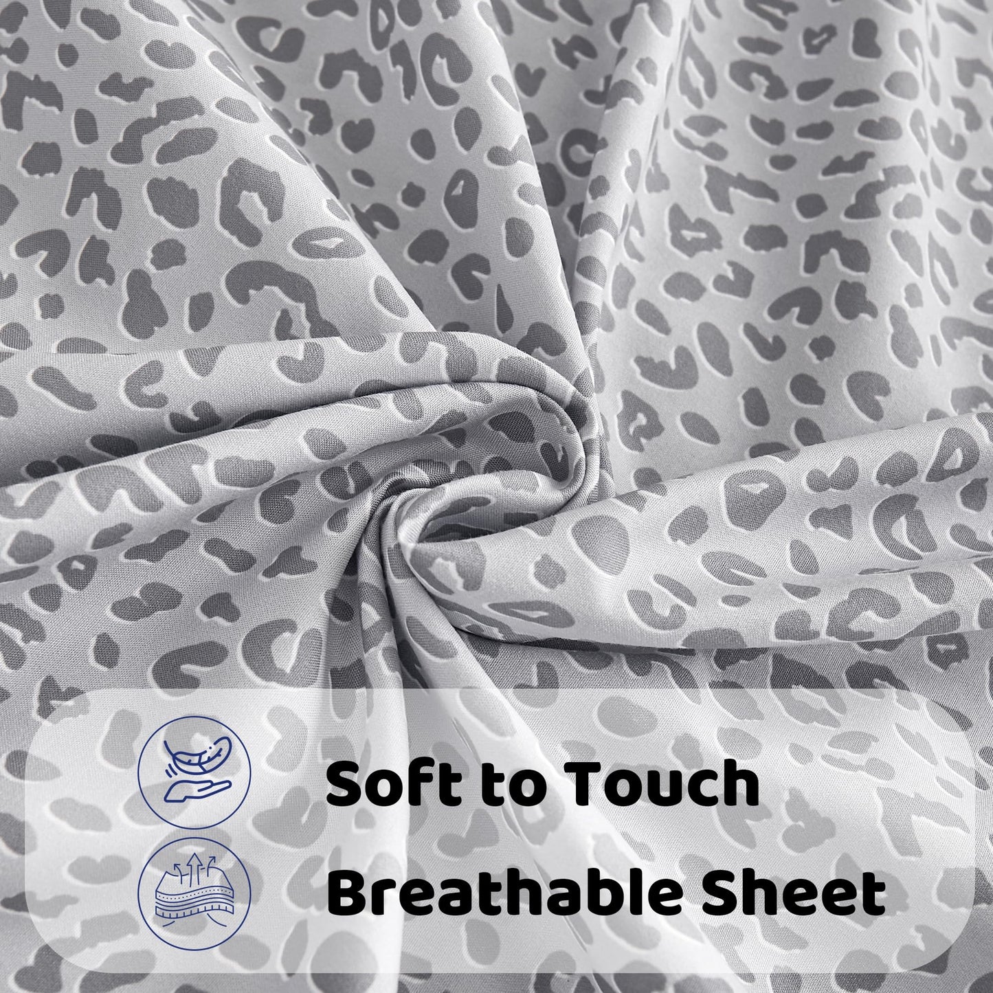 Mooreeke Leopard Cheetah Printed Full Bed Sheets, Soft Microfiber Bedding Sheets & Pillowcases, Deep Pocket Non-Slip Fitted Full Sheet, Silver Grey Animal Pattern Bedsheets