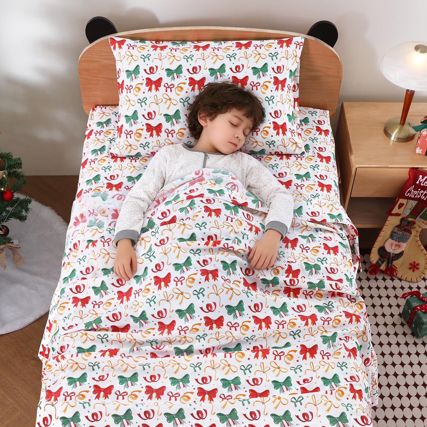 Softan Kids Bed Sheet Set, Boys/Girls Full Size Sheets, Microfiber Kids Fitted Sheet and Pillowcase, Breathable and Silky Soft, 4 Piece Christmas Bowknot Printed Full Bed Sheet