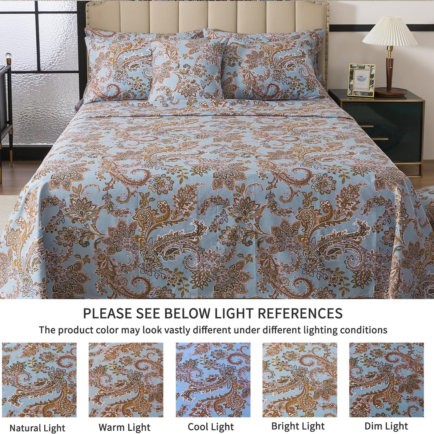 FADFAY Luxury Queen Percale Cotton Sheet Set – Elegant Vintage Blue Paisley Bedding, Ultra Soft & Breathable, Deep Pocket Fitted Sheet, Timeless French Country Heirloom Style, 4 Piece Set