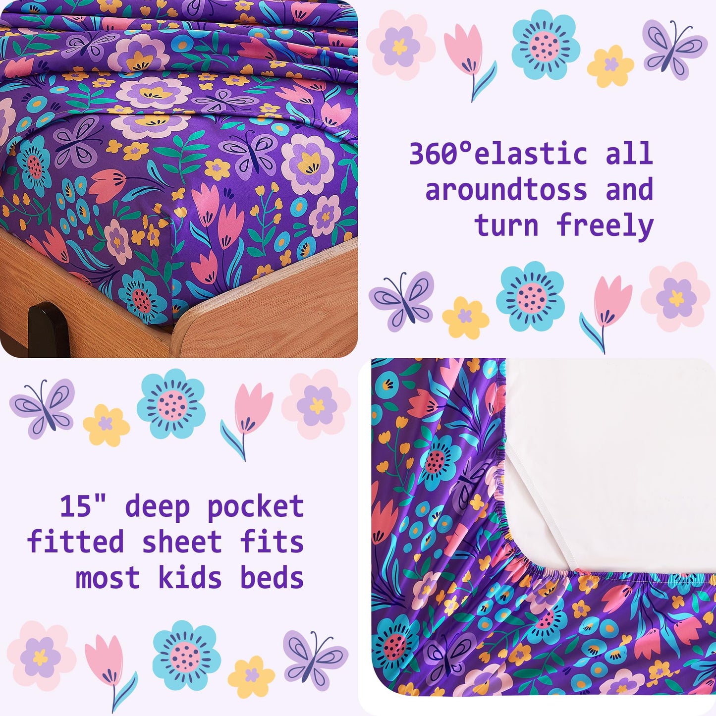 Softan Kids Bed Sheet Set, 3-Piece Twin Sheets Set, Microfiber Fitted Sheet with Corner Straps, Breathable & Silky Soft Purple Flower Butterfly Pattern Sheet and Pillowcase Sets