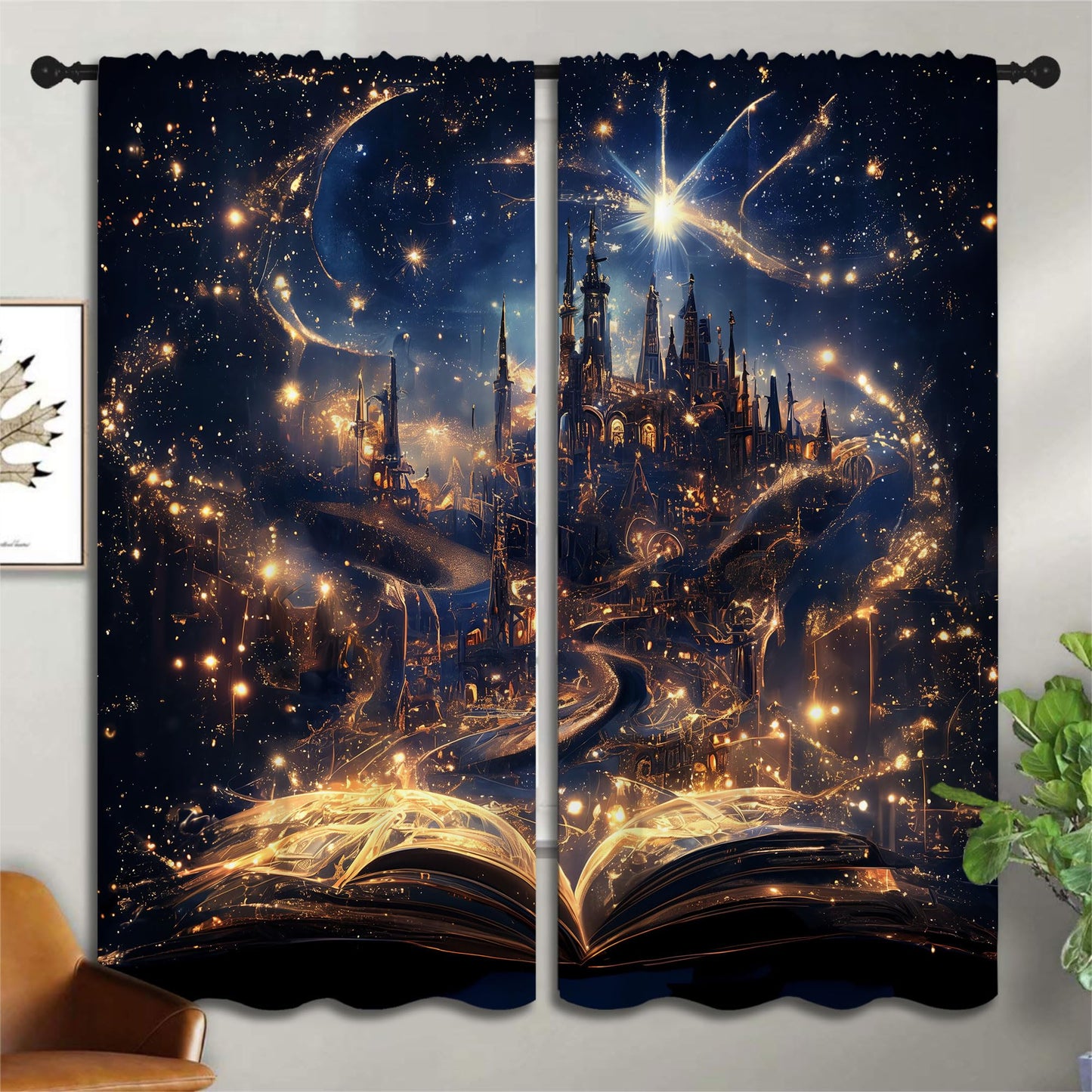LHROOMJK Magnificent Castle Blackout Curtains for Boys Girl Bedroom Decor,Magic Book Galaxy Starry Sky Thermal Insulated Rod Pocket Drapes Darkening Window Curtain for Living Room Home 55x63 inch