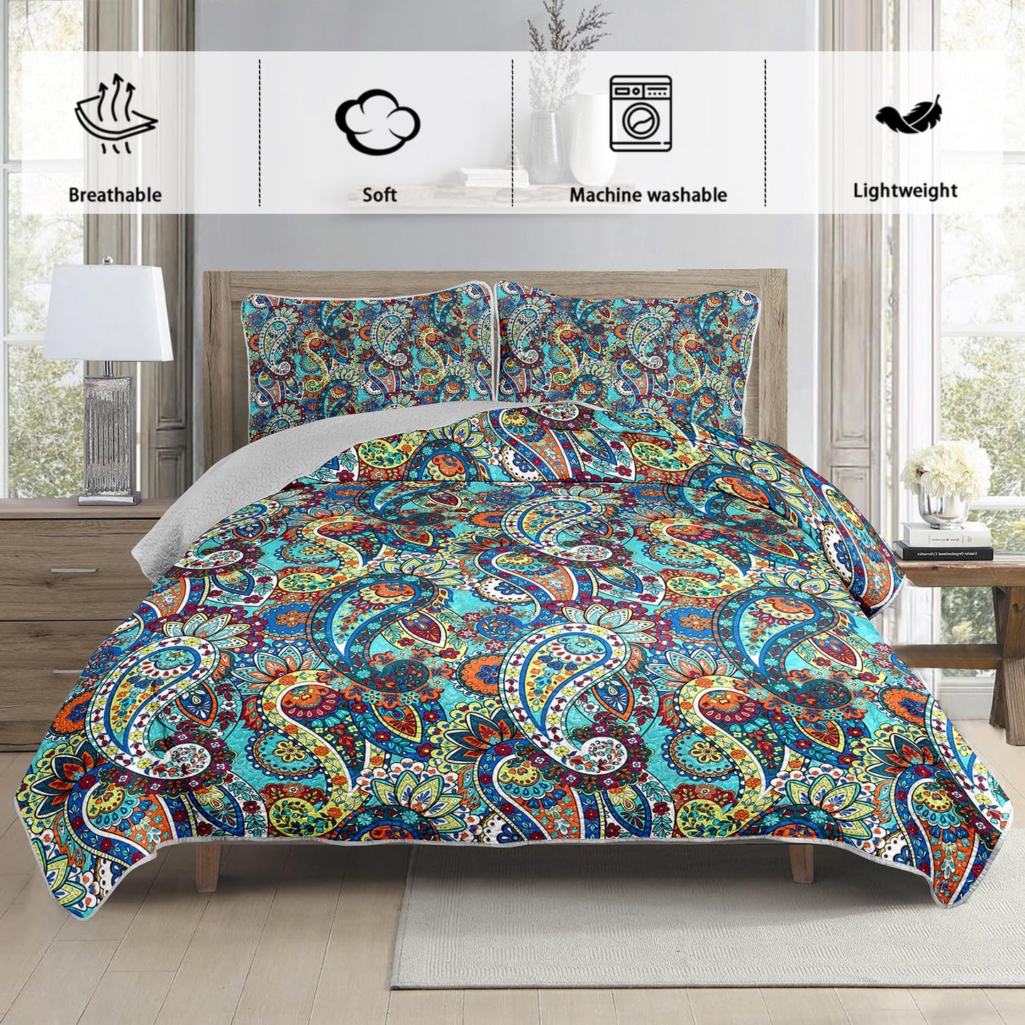 UEVBF Boho Style Queen Quilt Set,Bohemian Floral Quilt Beddding Set for Adults,Soft and Lightweight Bed Set for All Season,Colorful Quilted Beddding with 2 Pillowcases.
