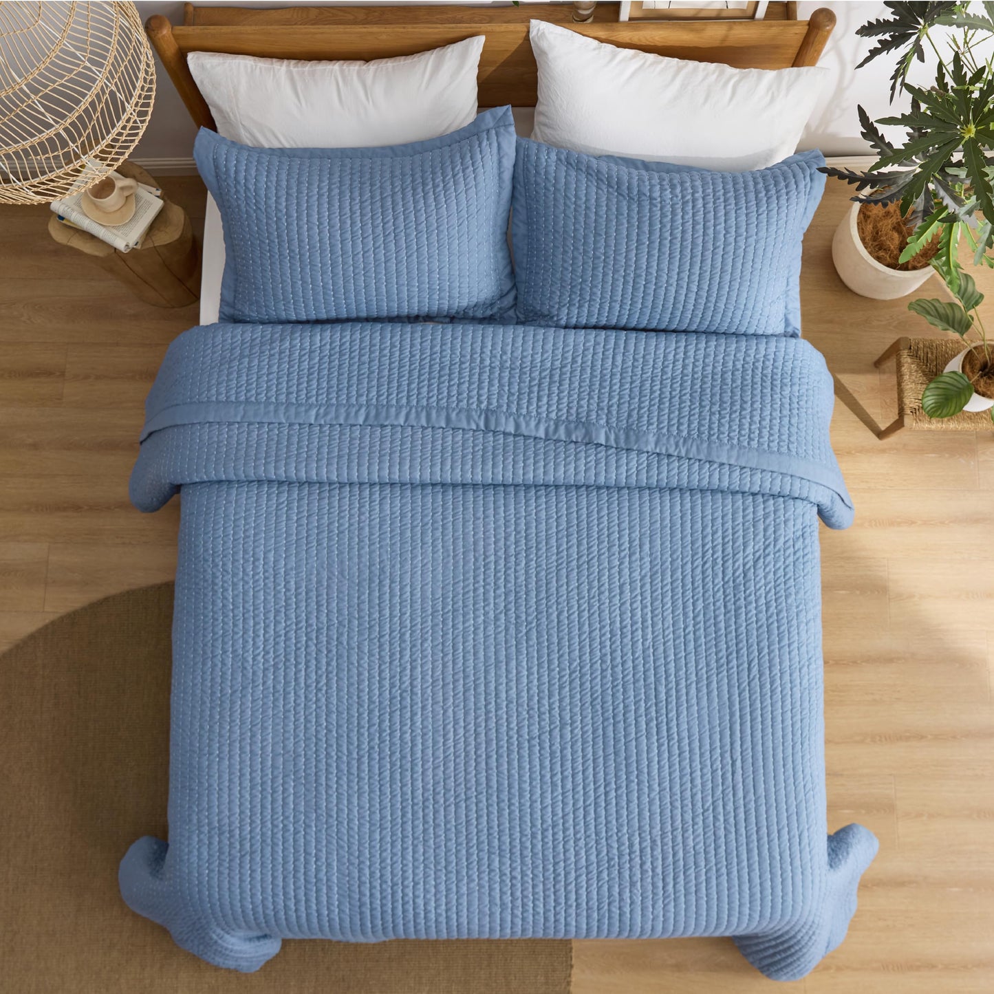 Bedsure Blue Quilts King Size - King Quilt Bedding Set Bedspread Coverlet, Lightweight Neutral Striped Bedding, 3-Piece Set with 106"x96" Coverlet & 2 Pillow Shams, All-Season Soft Microfiber