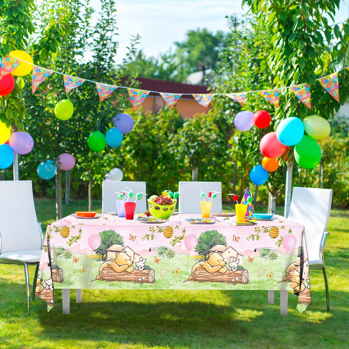 FOLNESH 3PCS Pink Classic Bear Baby Shower Tablecloths, Kids Girls First Birthday Party Decorations Bear Themed Table Cover Party Supplies -54x108IN