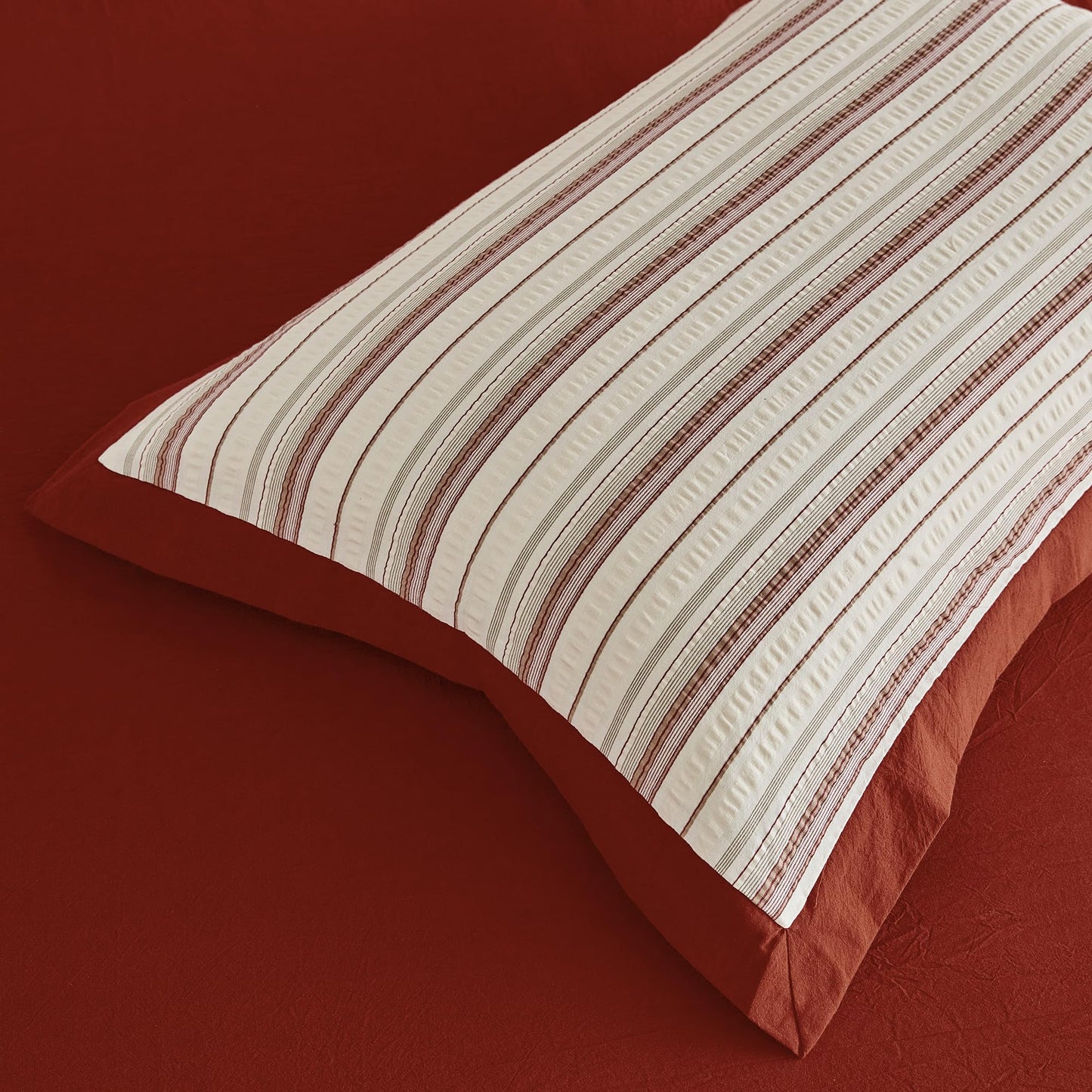 SUSYBAO Duvet Cover Queen 100% Cotton 3 Pieces Set 1 Red White Seersucker Duvet Cover with Zipper Ties 2 Pillow Shams Washed Cotton Classic Striped Textured Bedding Set Soft