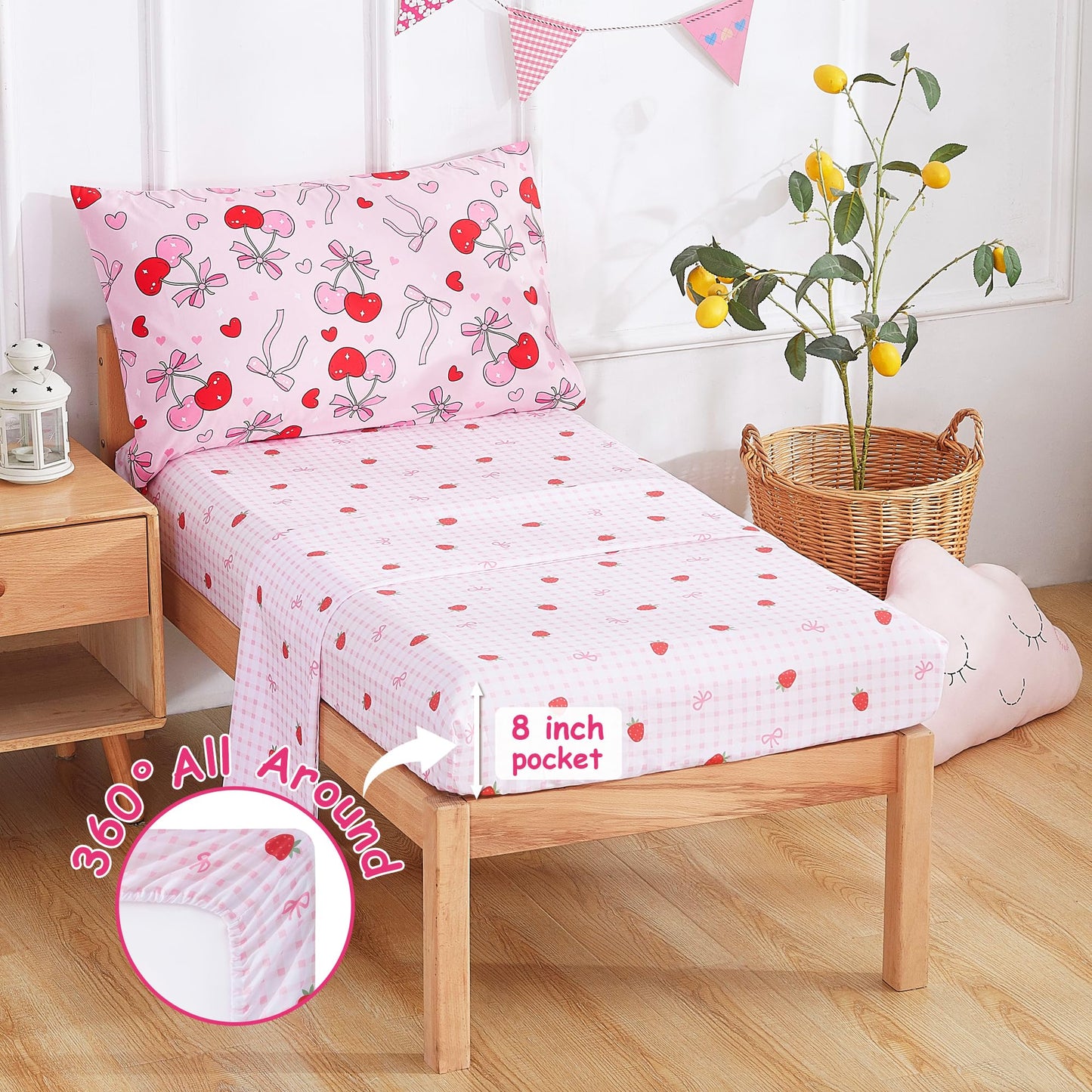 Mooreeke 4 Pieces Toddler Bedding Set - Pink Cherry Bow Toddler Comforter Sets for Girls, Includes Comforter, Flat Sheet, Fitted Sheet and Pillowcase, Bed in A Bag for Baby Bedroom