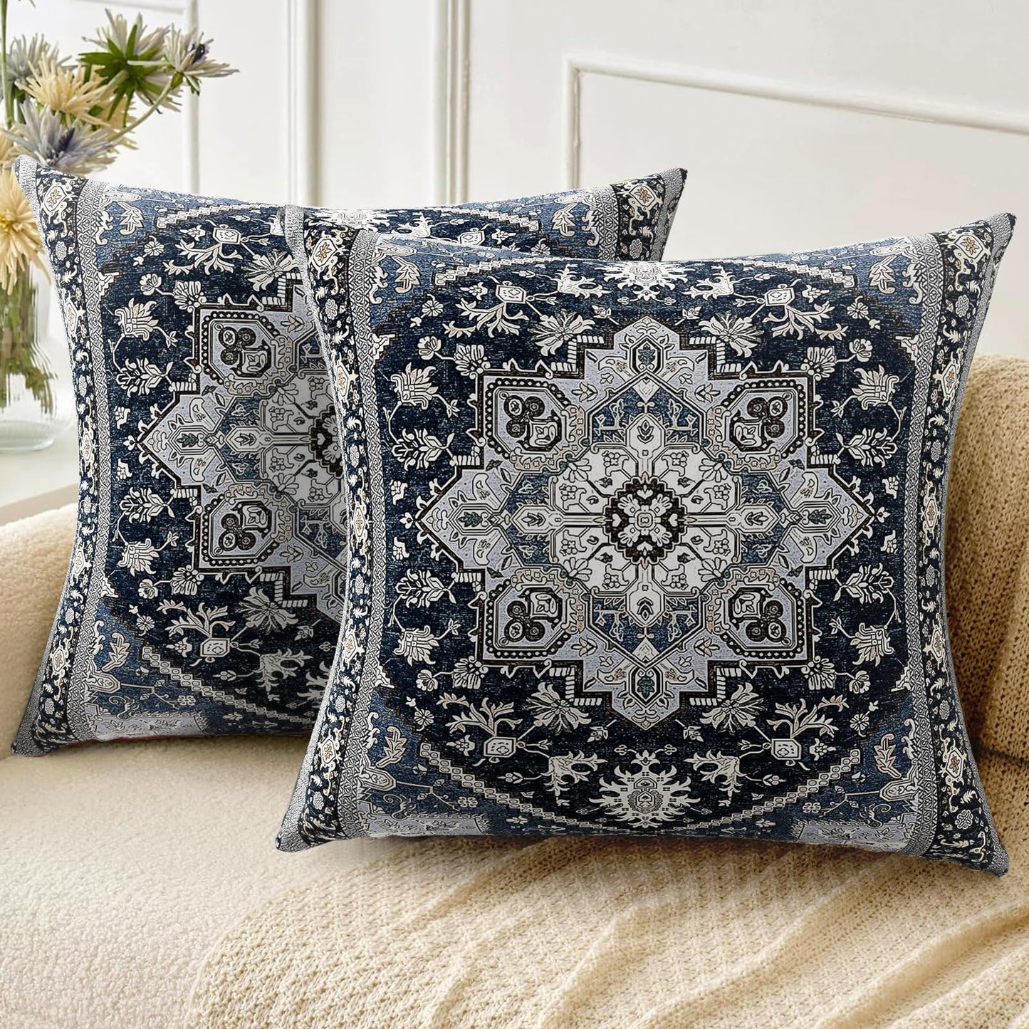 ZSYTZL Boho Throw Pillow Covers 18x18 inch Set of 2,Linen Bohemia Carpet Pattern Decorative Living Room Sofa Bed Square Pillow Case Cushion Cover-Sapphire Blue