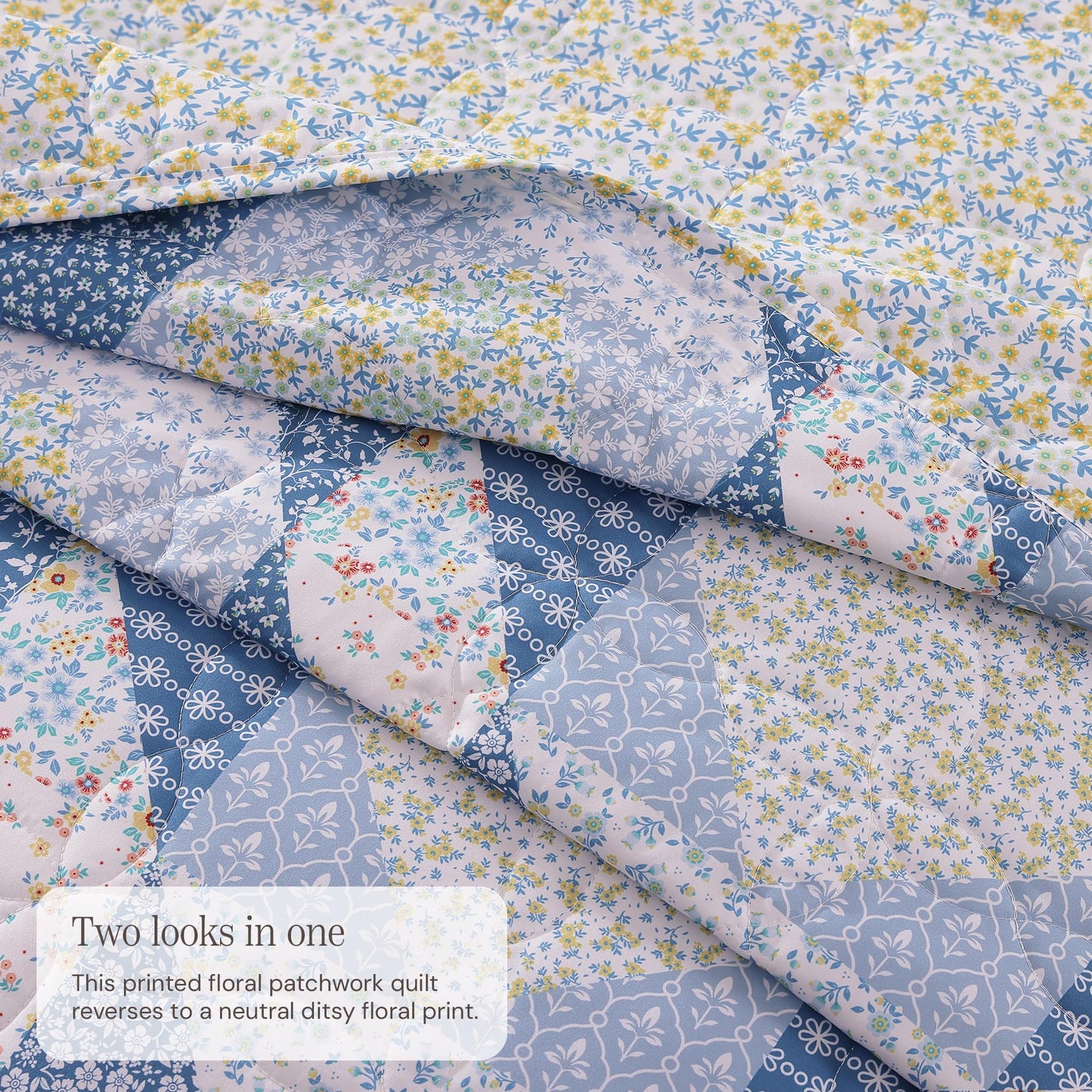 BLOOMHAVEN Quilt Set Queen Size, Patchwork Blue Marigold Floral Quilt Sets, Reversible Bedspread Lightweight and Breathable for All Seasons, Soft Quilted Bedspread with 2 Pillow Shams