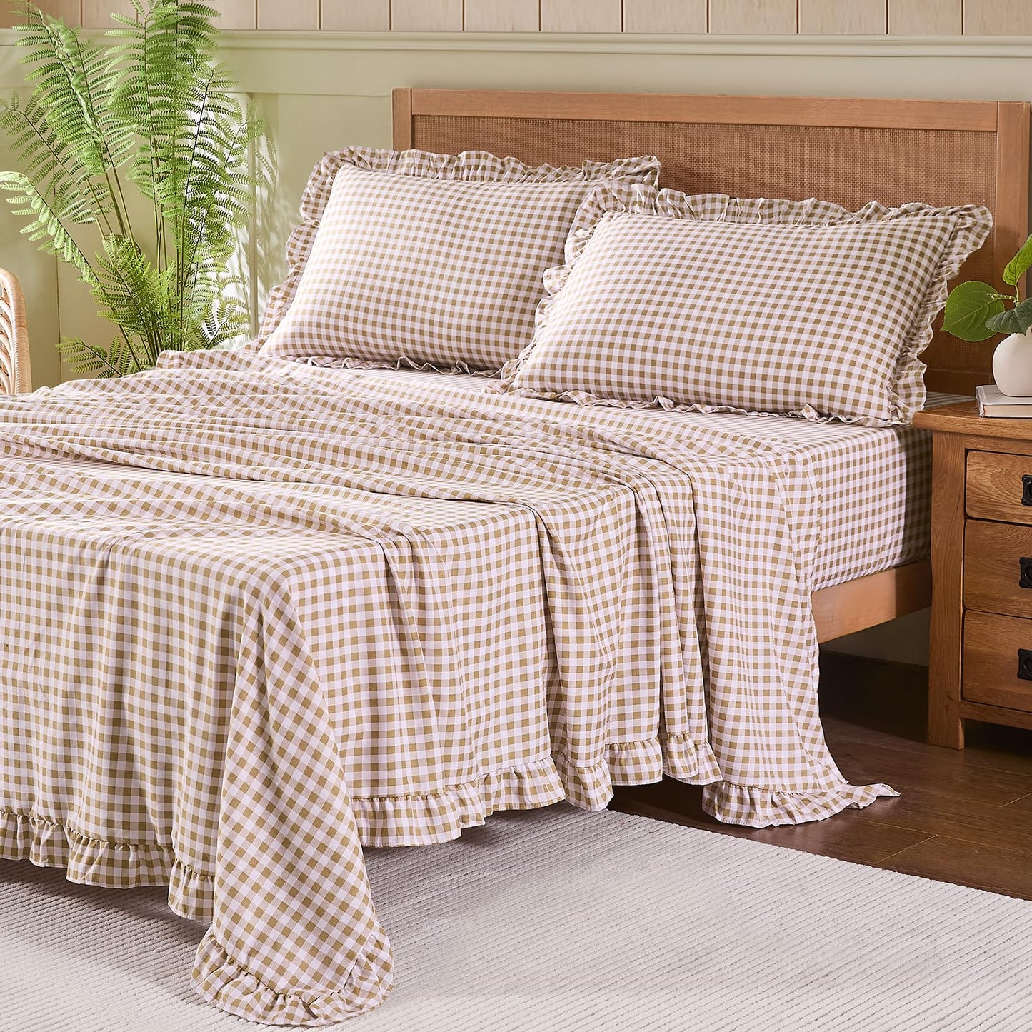 kisswish Gingham Full Sheet Set, Lightweight Super Soft Brushed Microfiber Plaid Bed Sheets with 16" Deep Pocket, 4 Piece Ruffle Farmhouse Bedroom Decor, Taupe