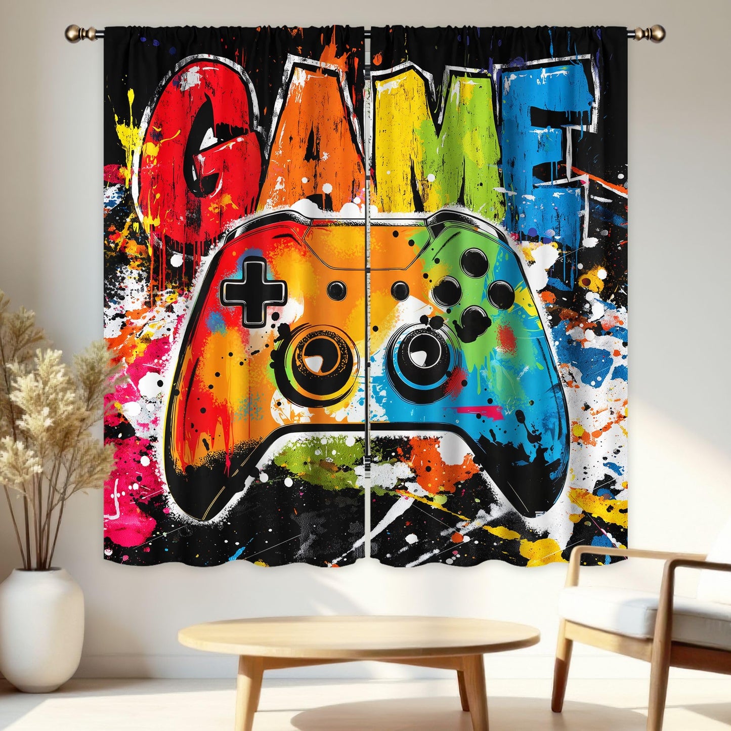 LIGHTINHOME Gaming Curtains 42Wx63H Inch Video Game Graffiti Kids Controller Gamepad Cool Gamer Rod Pocket Boys Bedroom Living Room Window Drapes Treatment Fabric 2 Panels