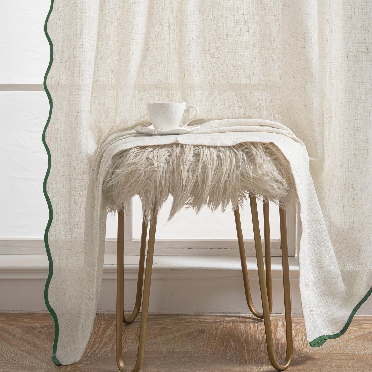 DriftAway Semi Sheer Scalloped Edge Linen Coastal Beach Window Curtains for Living Room Bedroom 2 Panels Rod Pocket Each Size 52 Inch by 96 Inch Loden Green