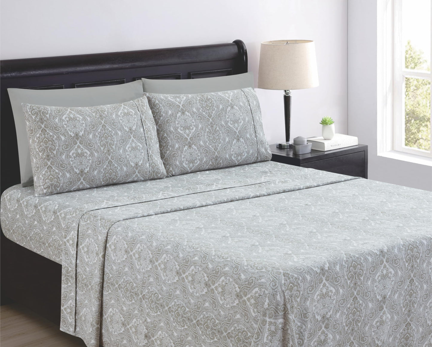 Spirit Linen home 6-Piece King Size Bed Sheet Set - Deep Pocket, Paisley Pattern, Soft and Breathable Bed Sheets, Microfiber Material, Includes 1 Fitted, 1 Flat, 4 Pillowcases - Light Grey Paisley