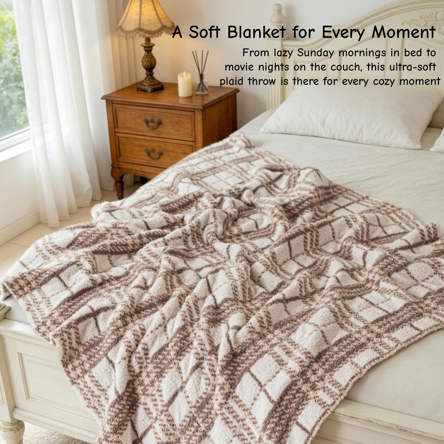 DXRZEXAM Stretch Knit Throw Blanket 47"x59" Soft Fleece Checkered Blanket All Season Breathable Non-Shedding Cozy for Couch Bed Office Lap Wrap Camping Trip 550GSM Khaki Beige Plaid